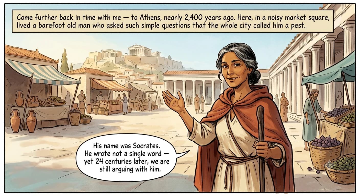 A warm philosophy guide stands in a sunlit ancient Athenian market square, turning to look out at the reader with an inviting gesture, the Acropolis hazy in the distance.