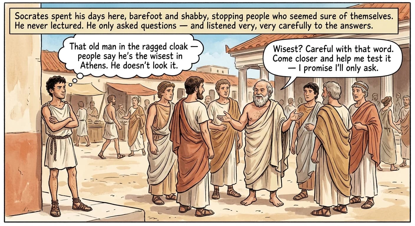 A stocky barefoot old man stands amused at the center of a loose ring of Athenian citizens in a sunlit market, while a skeptical teenage boy watches from the edge.