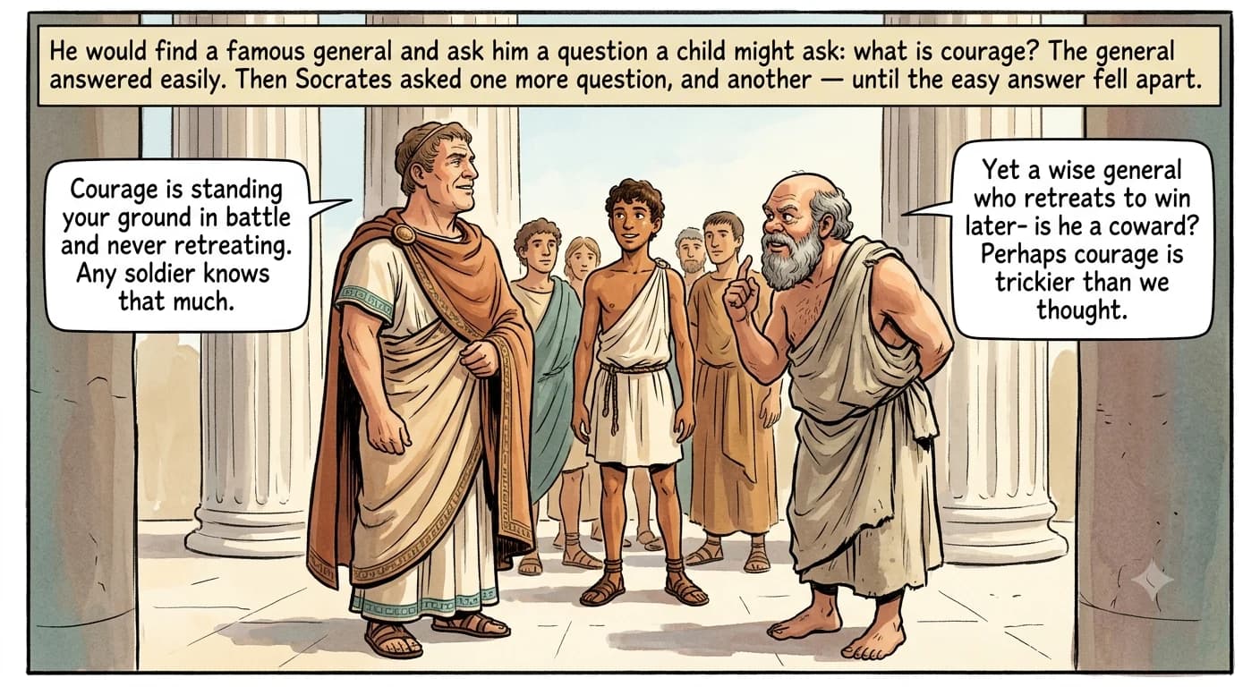 A proud Athenian general in a fine cloak faces a barefoot old man who leans in with a raised finger and a mischievous look, as onlookers watch in a sunlit colonnade.