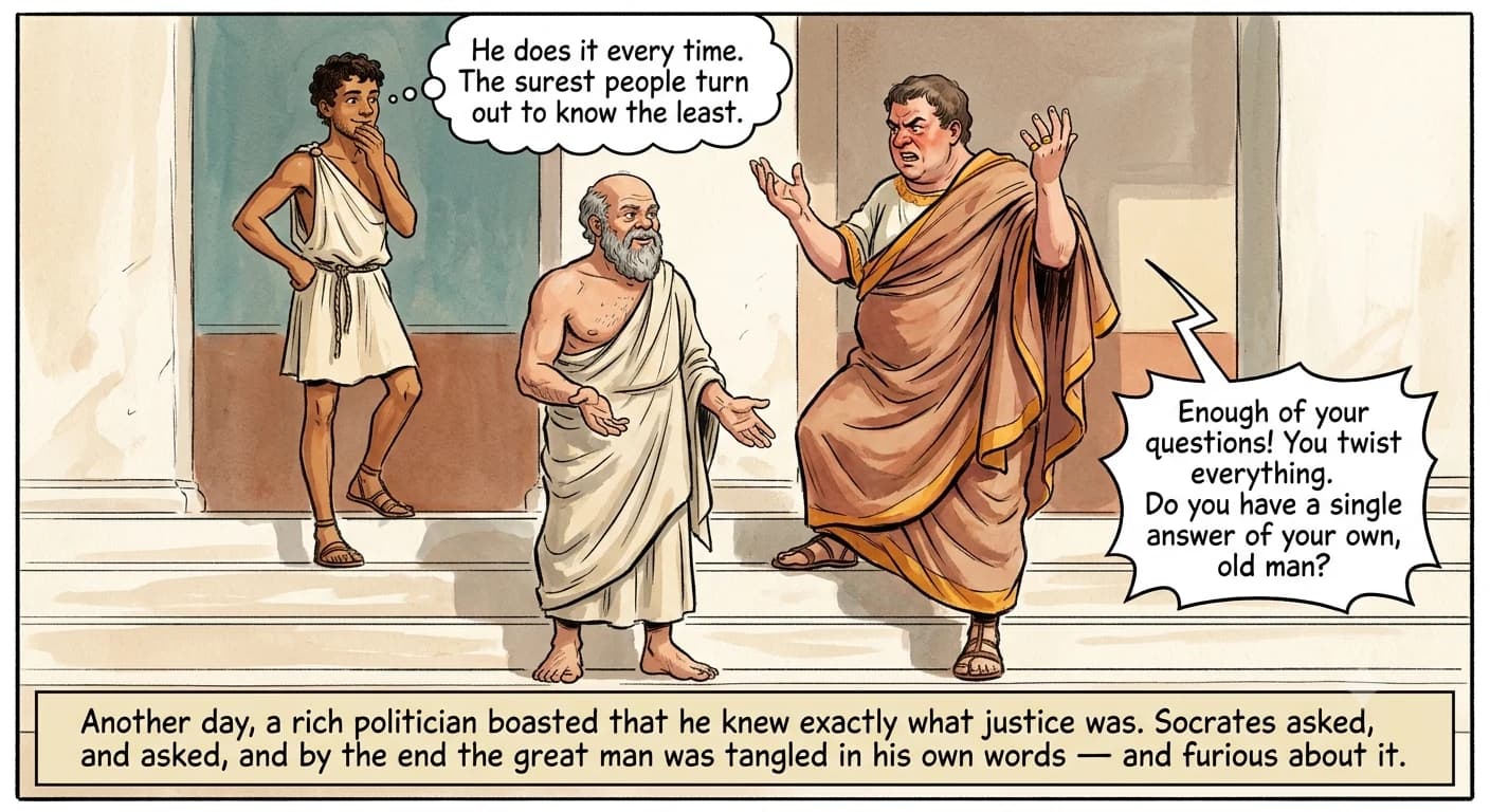 A plump, richly dressed politician throws up his hands in red-faced frustration on stone steps, while a calm barefoot old man smiles beside him and a boy hides a grin above them.