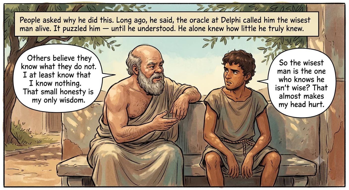 A barefoot old man and a teenage boy sit together on a worn stone bench in dappled olive-tree shade, deep in a quiet conversation at golden hour.