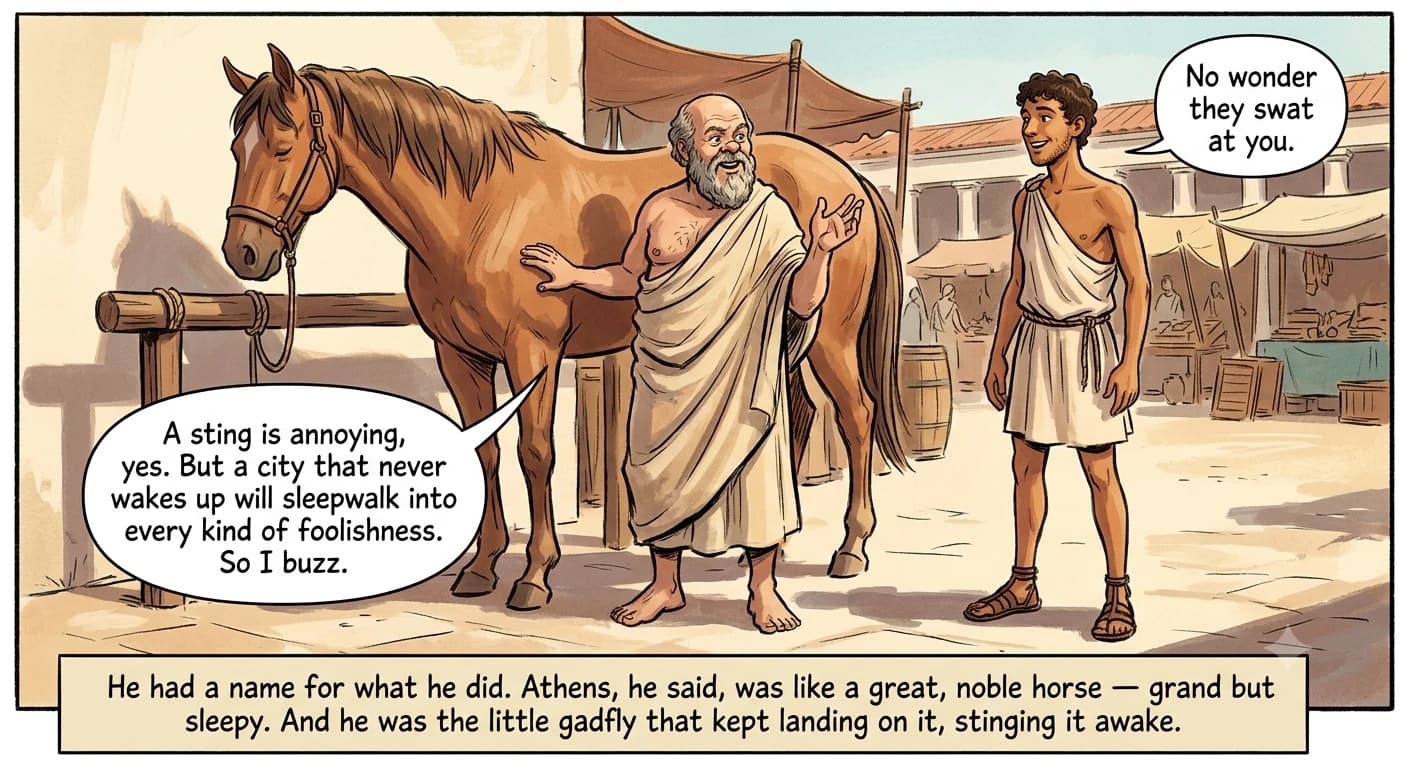 A barefoot old man stands beside a big, dozing, well-groomed horse at a market hitching rail, one hand near its flank and the other raised in a lively storyteller's gesture, a laughing youth nearby.