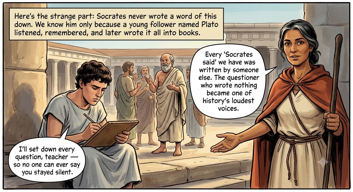 A serious teenage boy sits on a step writing on a wax tablet in the foreground, a barefoot old man talks with a group behind him, and a timeless cloaked guide steps in from the right to address the reader.