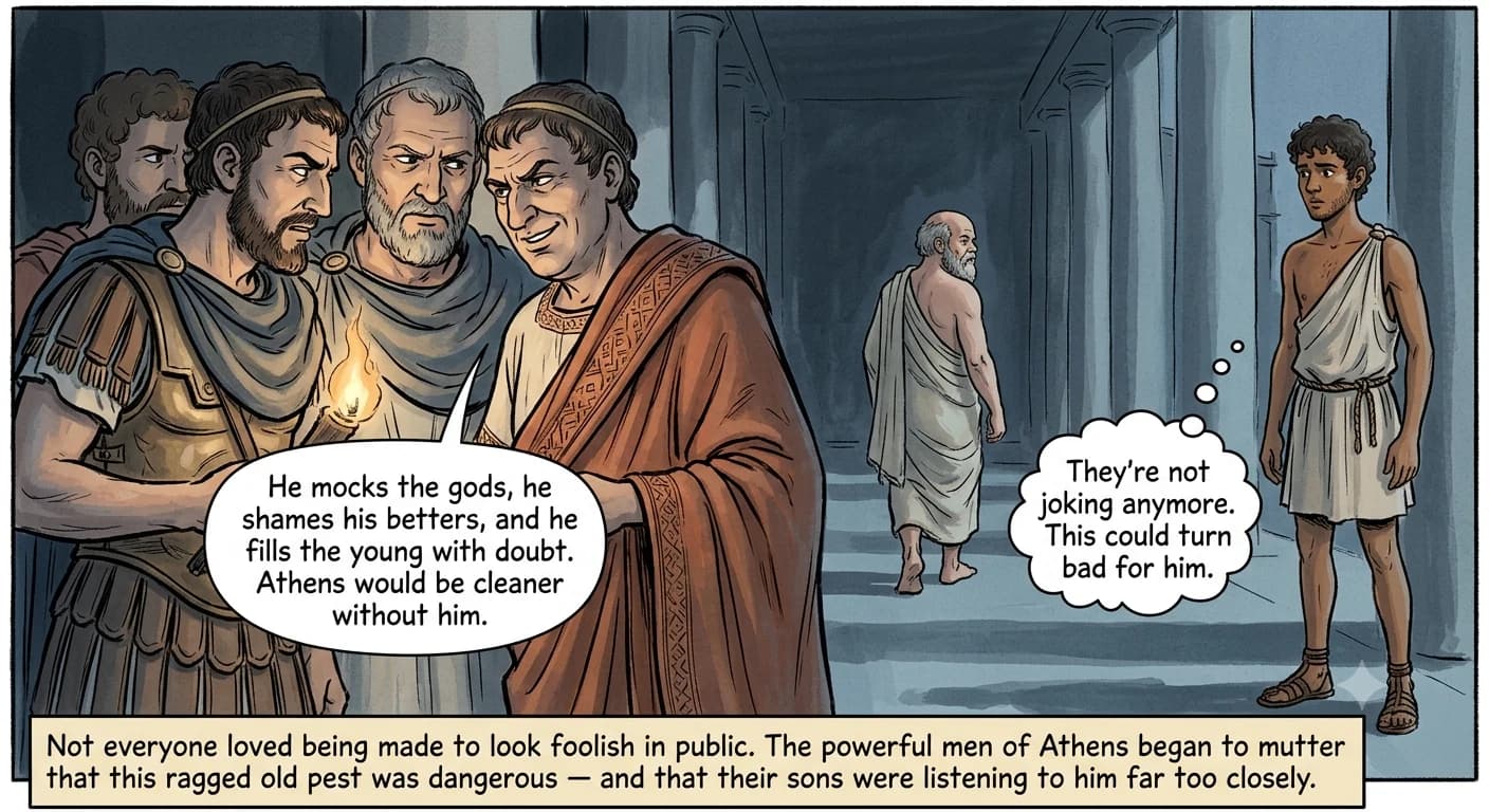 In a shadowed dusk colonnade, a tight huddle of richly dressed Athenian men lean together muttering with hard faces, while a small barefoot figure walks away in the distance and a worried youth looks on.