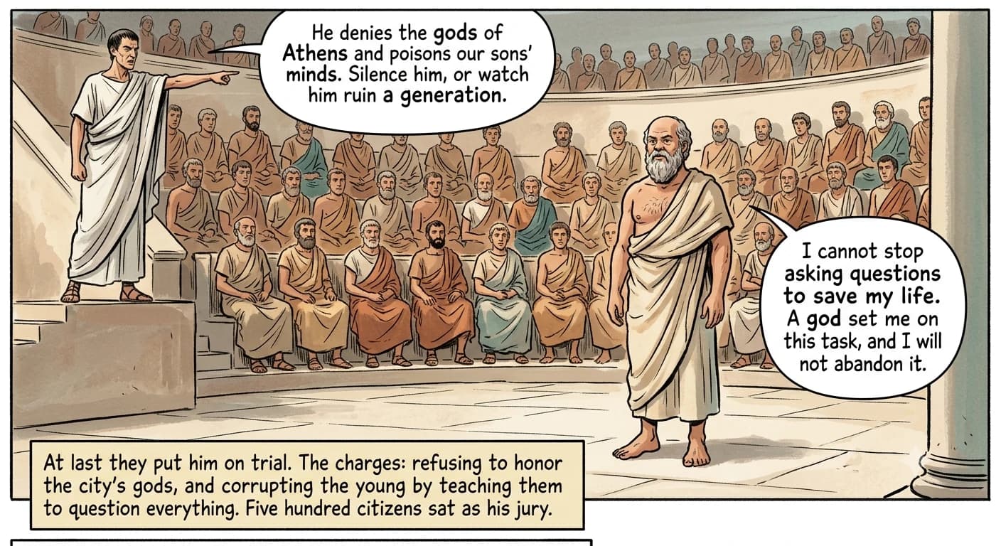 A small barefoot old man stands composed on the floor of a large open-air Athenian court, facing curved tiers of hundreds of seated jurors, as a severe accuser points at him from a speaker's step.