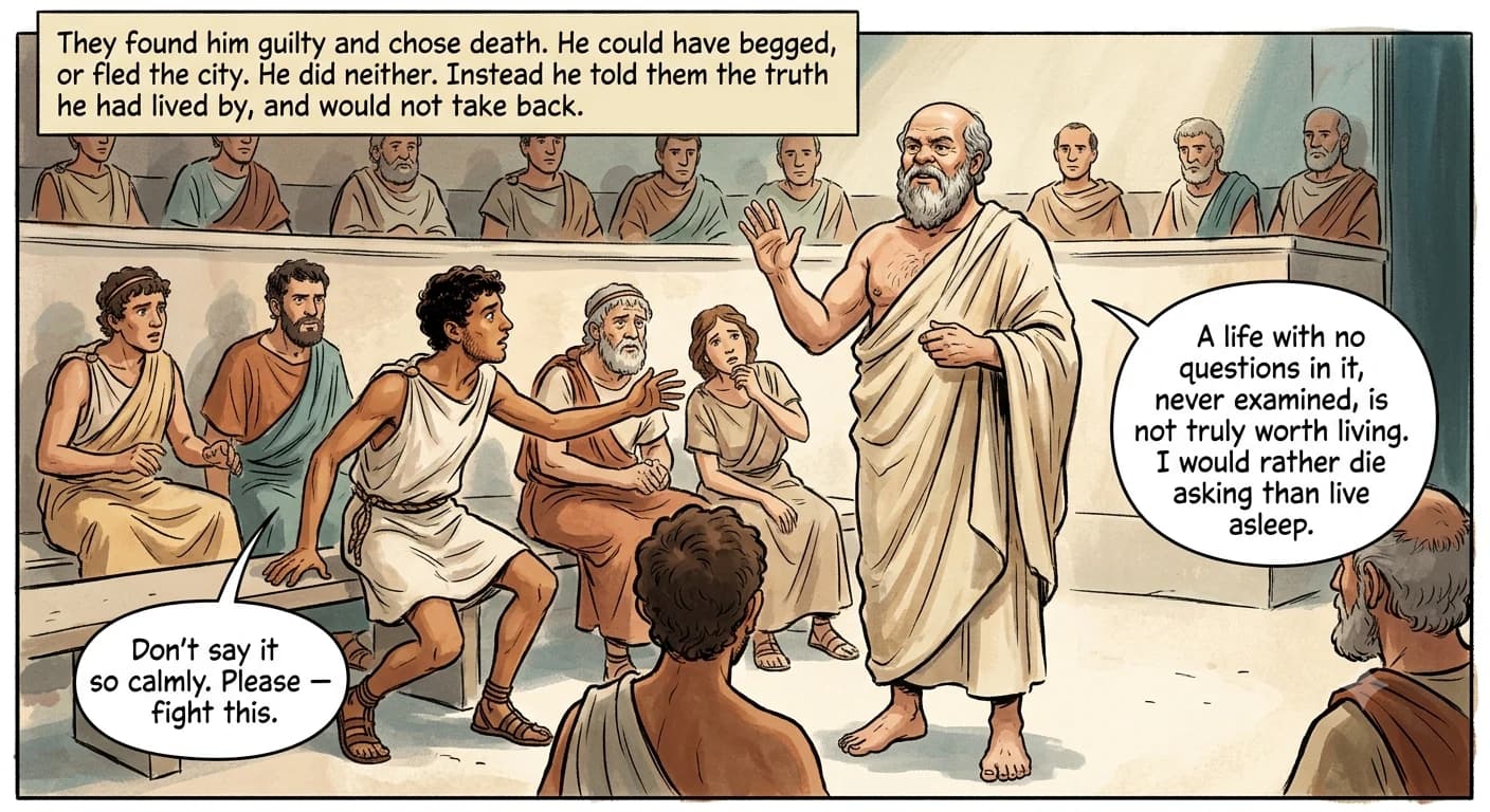 A calm barefoot old man stands with his chin lifted and one hand raised in an open gesture before a banked jury, a warm shaft of light on him, while a stricken youth half-rises reaching toward him.