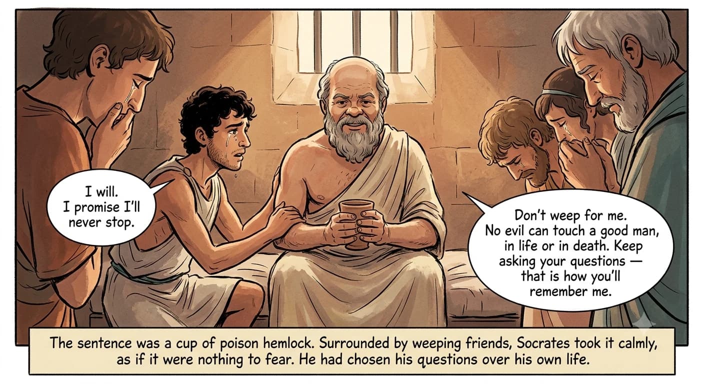 A serene old man sits upright on a plain cot in a softly lit prison cell, both hands cupped calmly around a simple clay cup, while grieving friends bow their heads and a tearful youth grips his forearm.