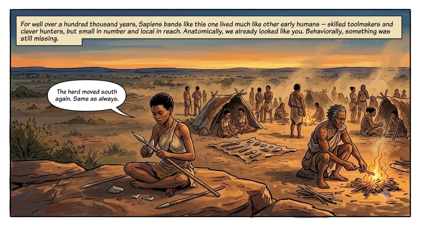 A small band of early Homo sapiens make camp at sunset in a semi-arid African landscape; a young woman sharpens a wooden point while an elder tends a fire nearby.