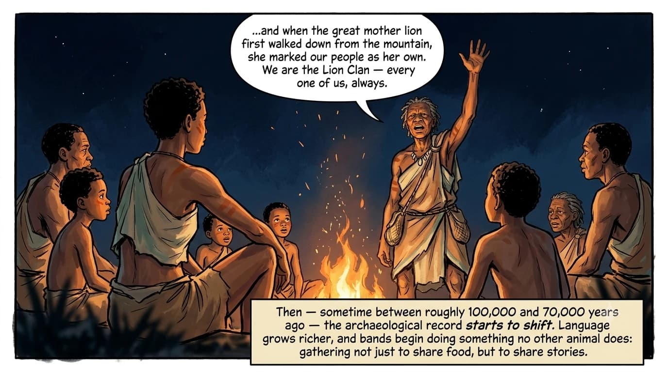 An elder stands and tells an animated story to a band gathered tightly around a night campfire, hands raised dramatically, firelit faces watching intently.