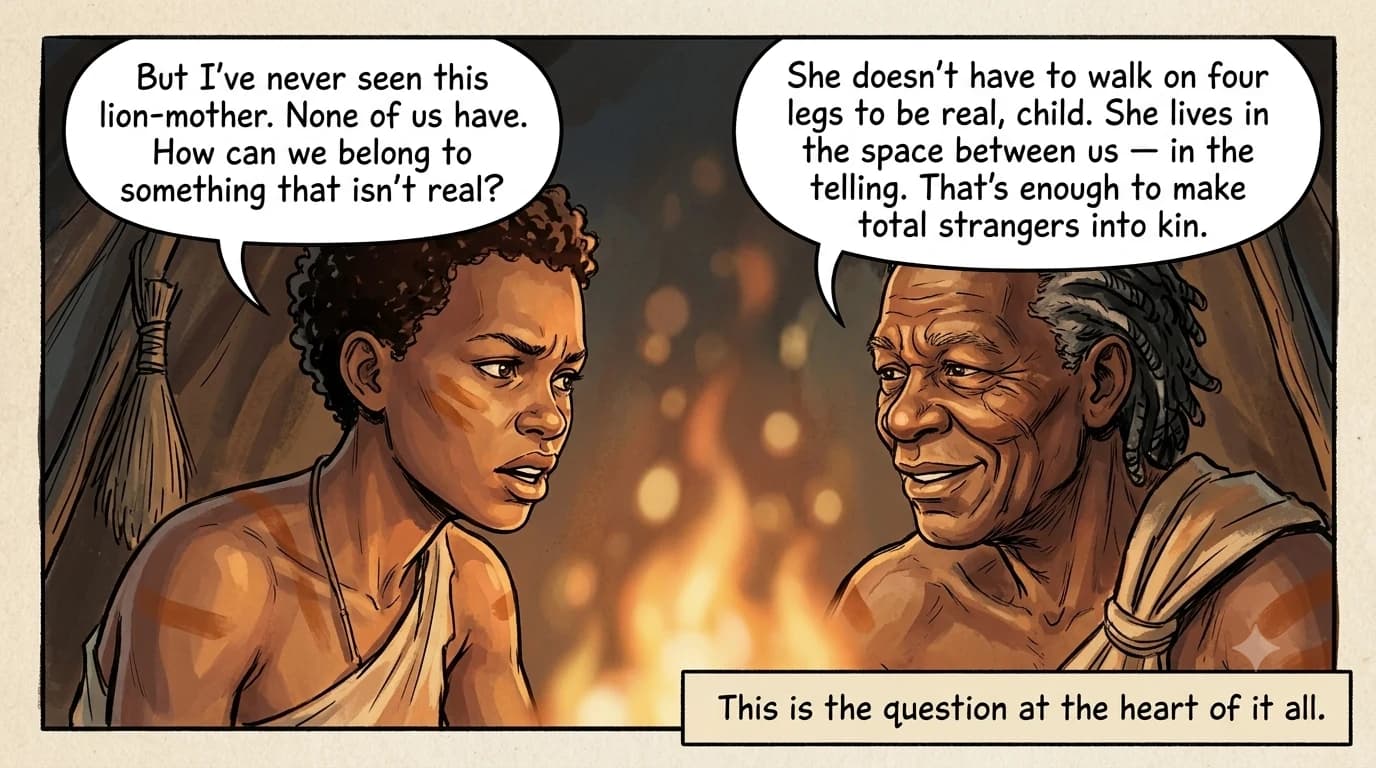 A close two-shot of a young woman leaning toward an elder by the firelight, her brow furrowed in question while the elder smiles knowingly back at her.