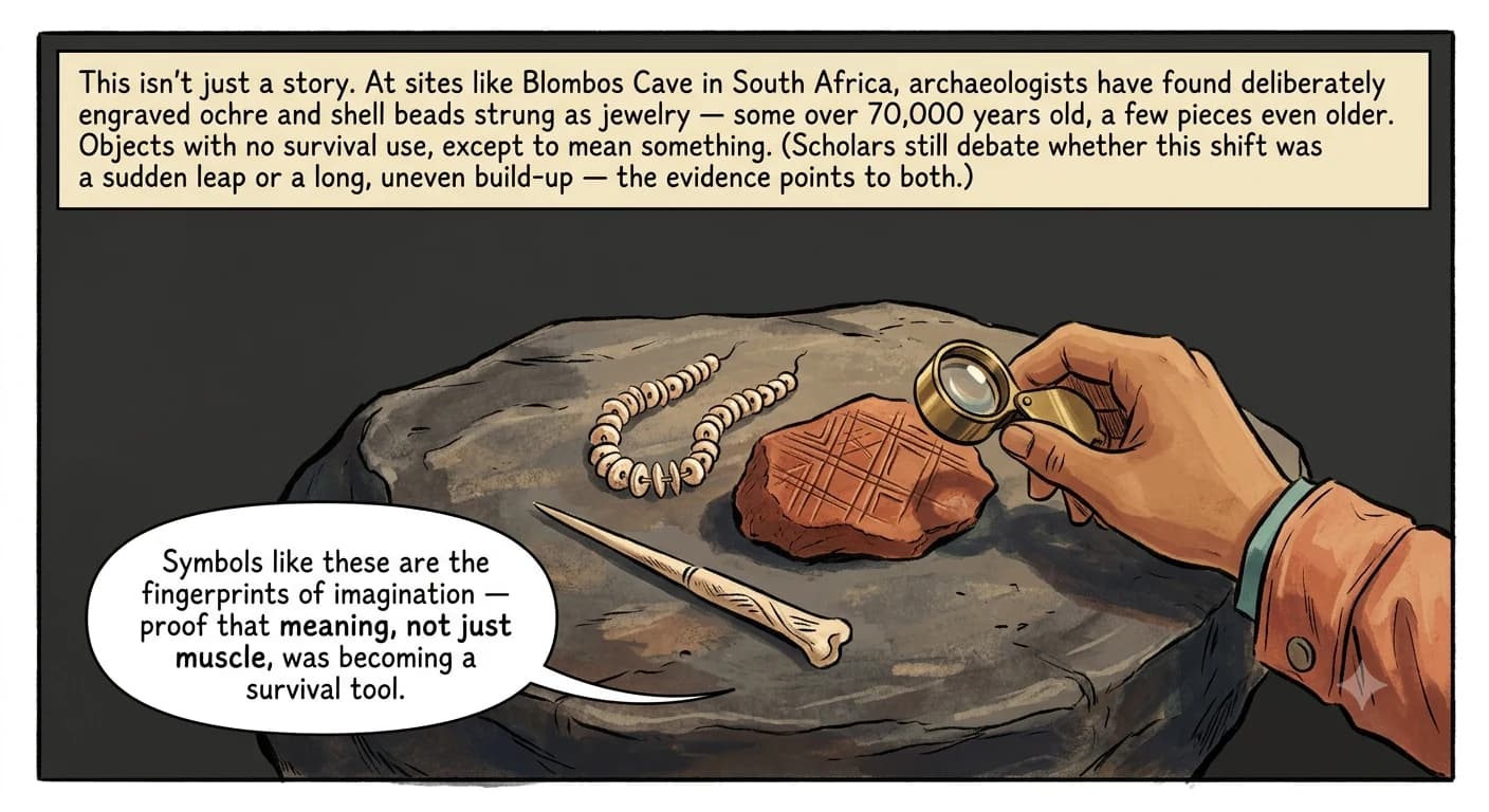 Close-up still life of an ancient engraved ochre slab with a cross-hatched pattern, a strand of small shell beads, and a carved bone tool resting on rock, with a hand holding a magnifying lens entering the frame.