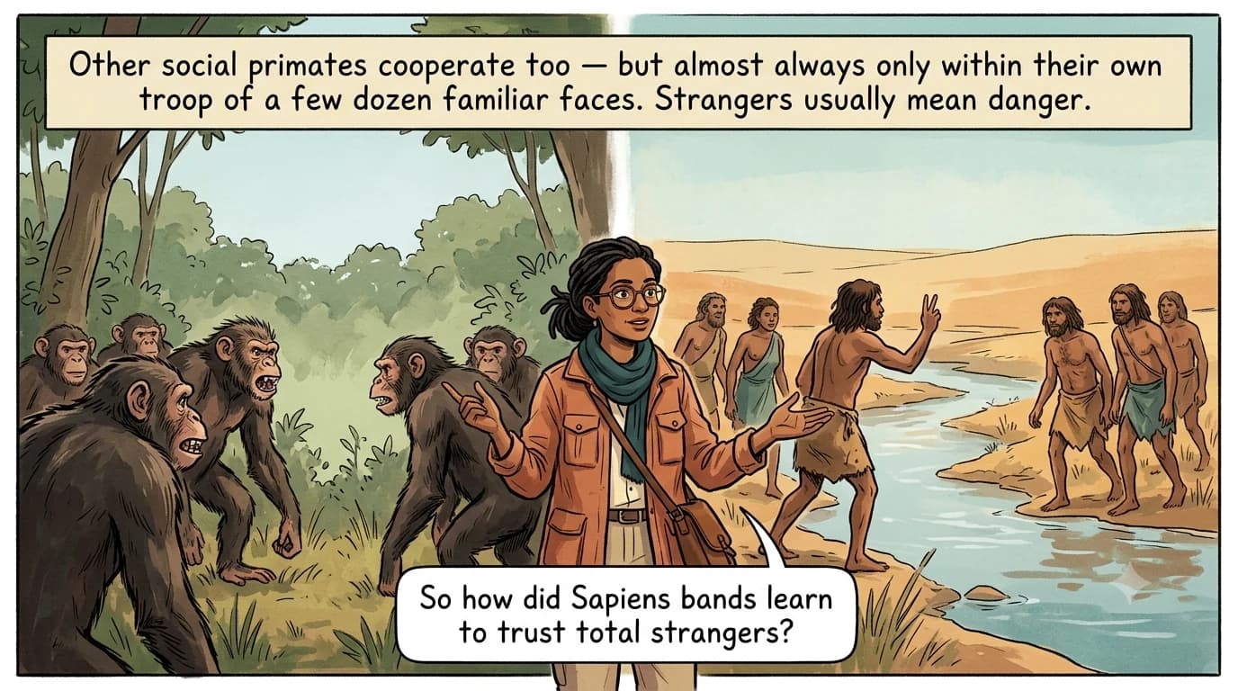A split panel: on the left, chimpanzees bare teeth at a rival troop across a forest boundary; on the right, two bands of early humans cautiously approach each other across a river, with a guide figure standing at the dividing line between the two halves.