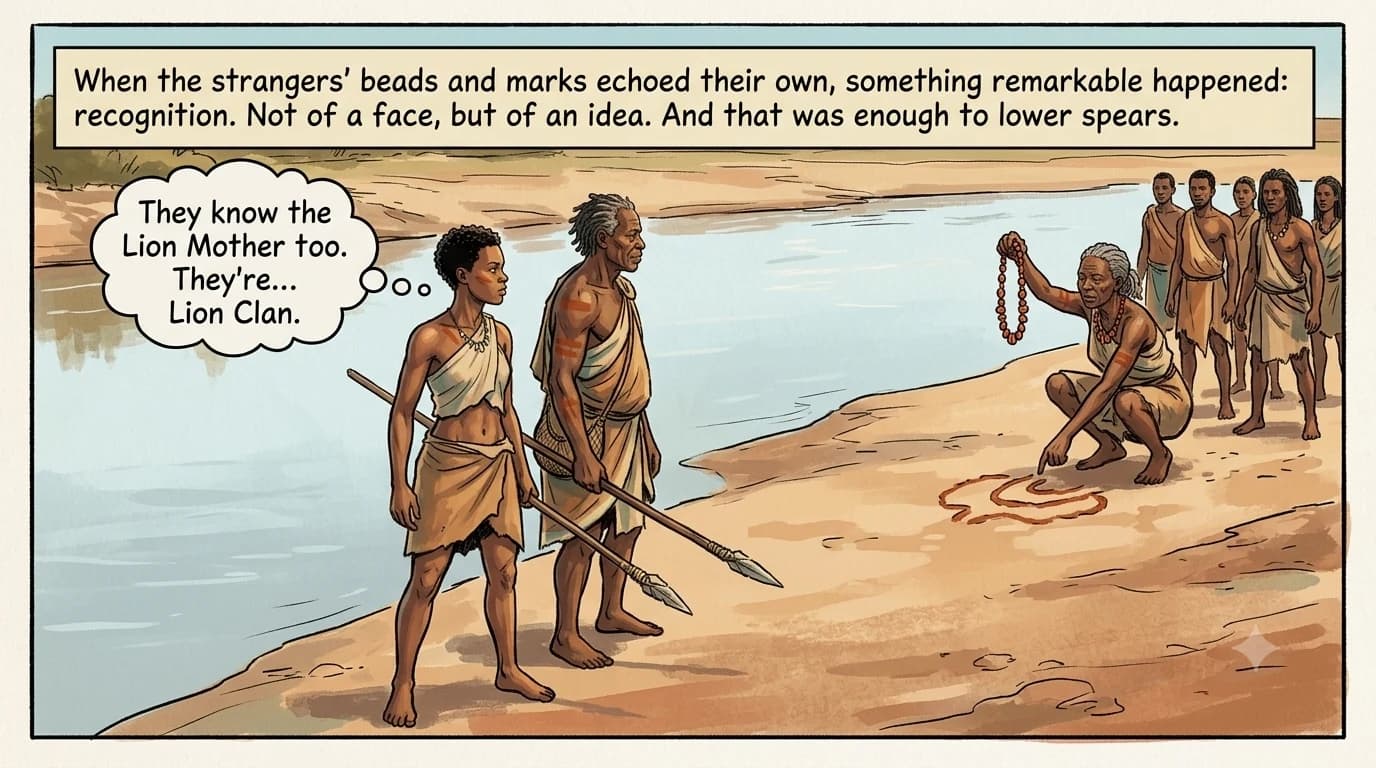 Two unfamiliar bands of early humans meet cautiously at a shallow river; an elder from one band lifts a shell-bead necklace matching the other band's, and the tension between them visibly eases.
