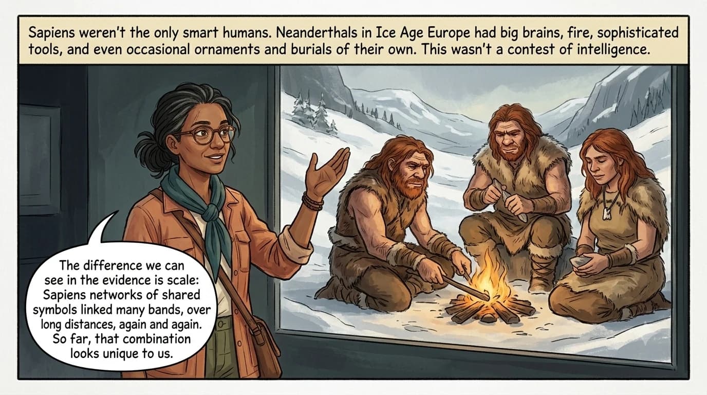 A guide figure stands beside a museum-style diorama of a Neanderthal family group tending a fire in an Ice Age European landscape, one wearing a simple pigment-marked bone pendant.
