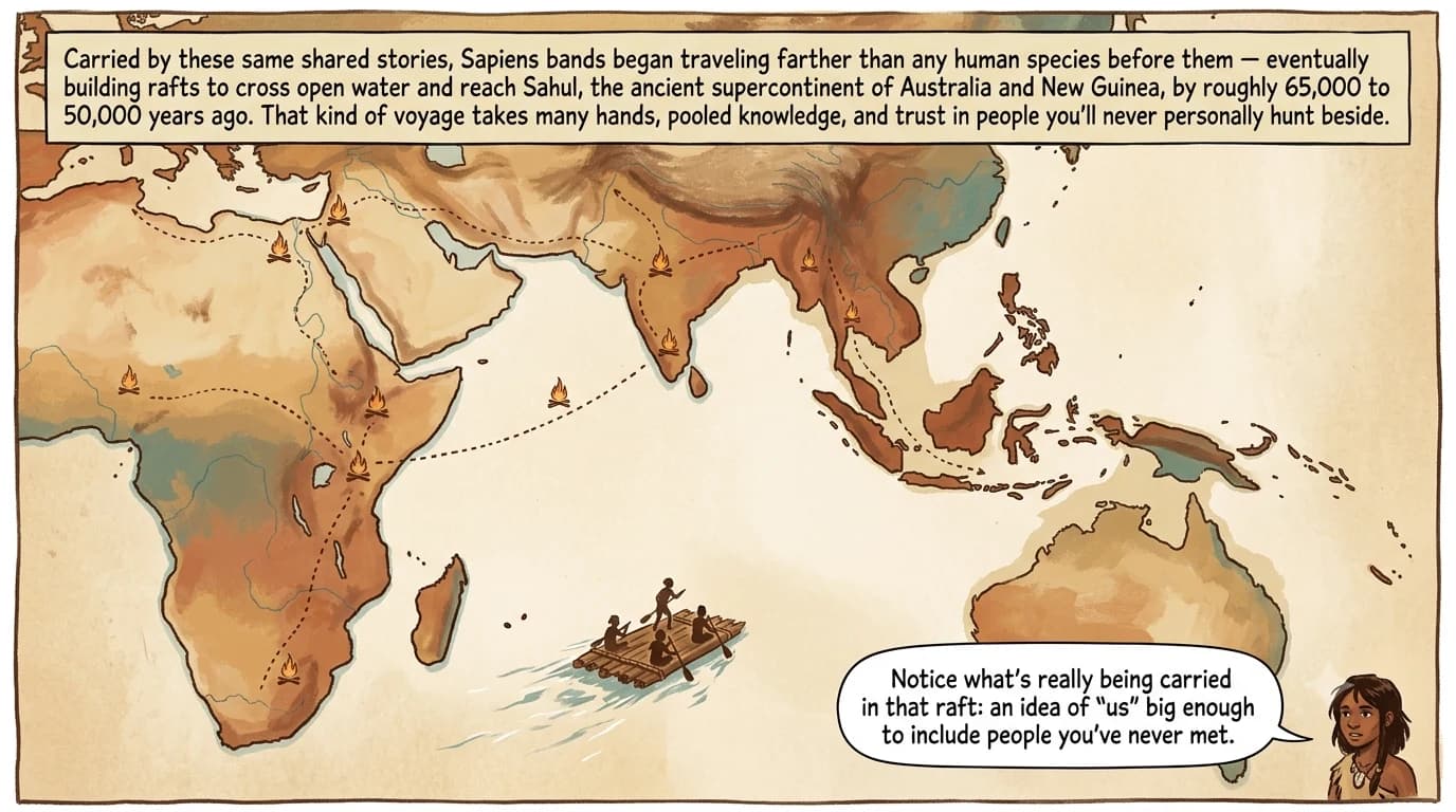 A stylized painterly map showing migration routes of early humans from Africa across Asia and by raft to ancient Australia and New Guinea, with small campfire icons marking settlements along the routes.