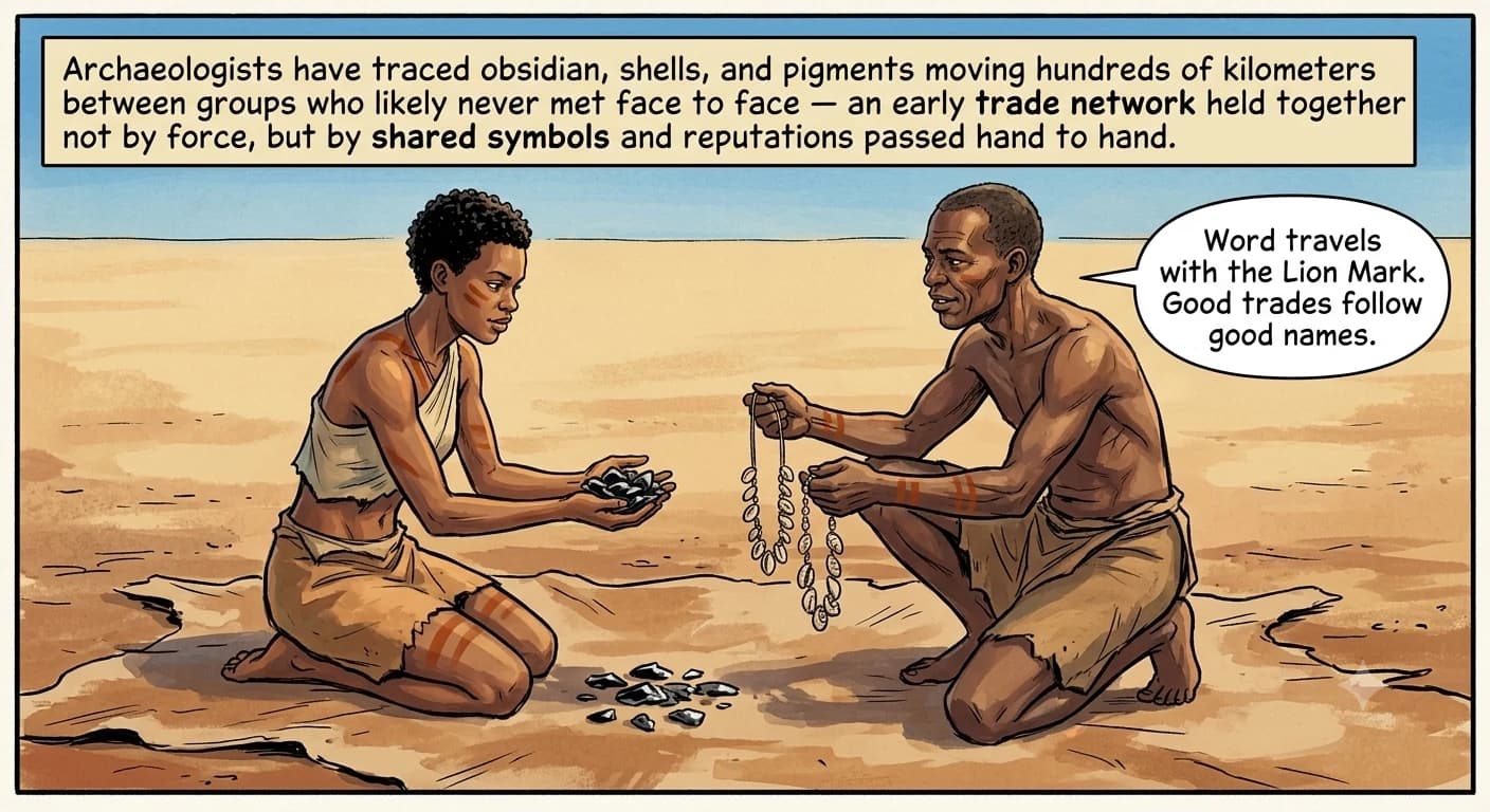Two early humans kneel across a hide mat, exchanging dark obsidian flakes for a shell necklace, both marked with matching ochre clan symbols on their skin.