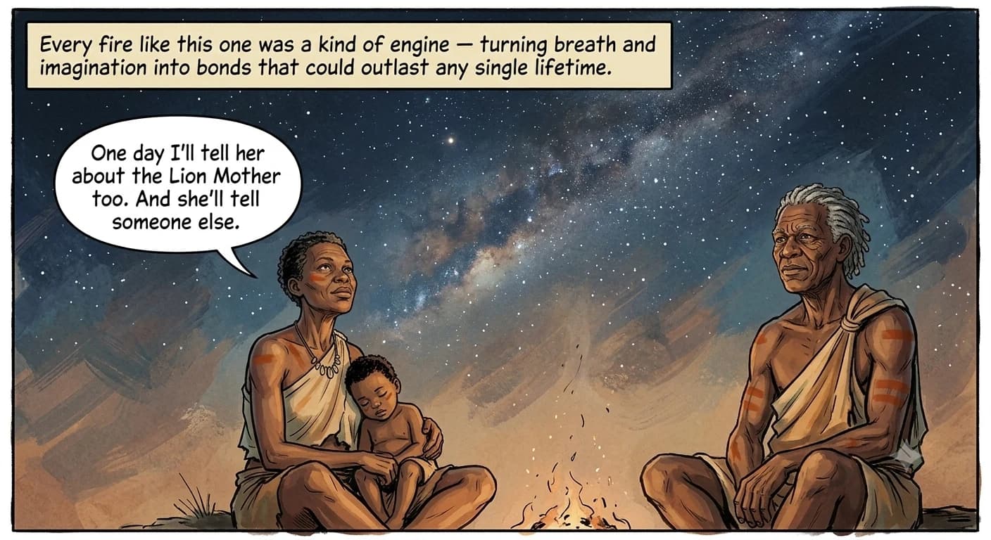 An older woman sits with a small child on her lap beside an aged elder under a brilliant starry night sky, the campfire beside them burned down to embers.