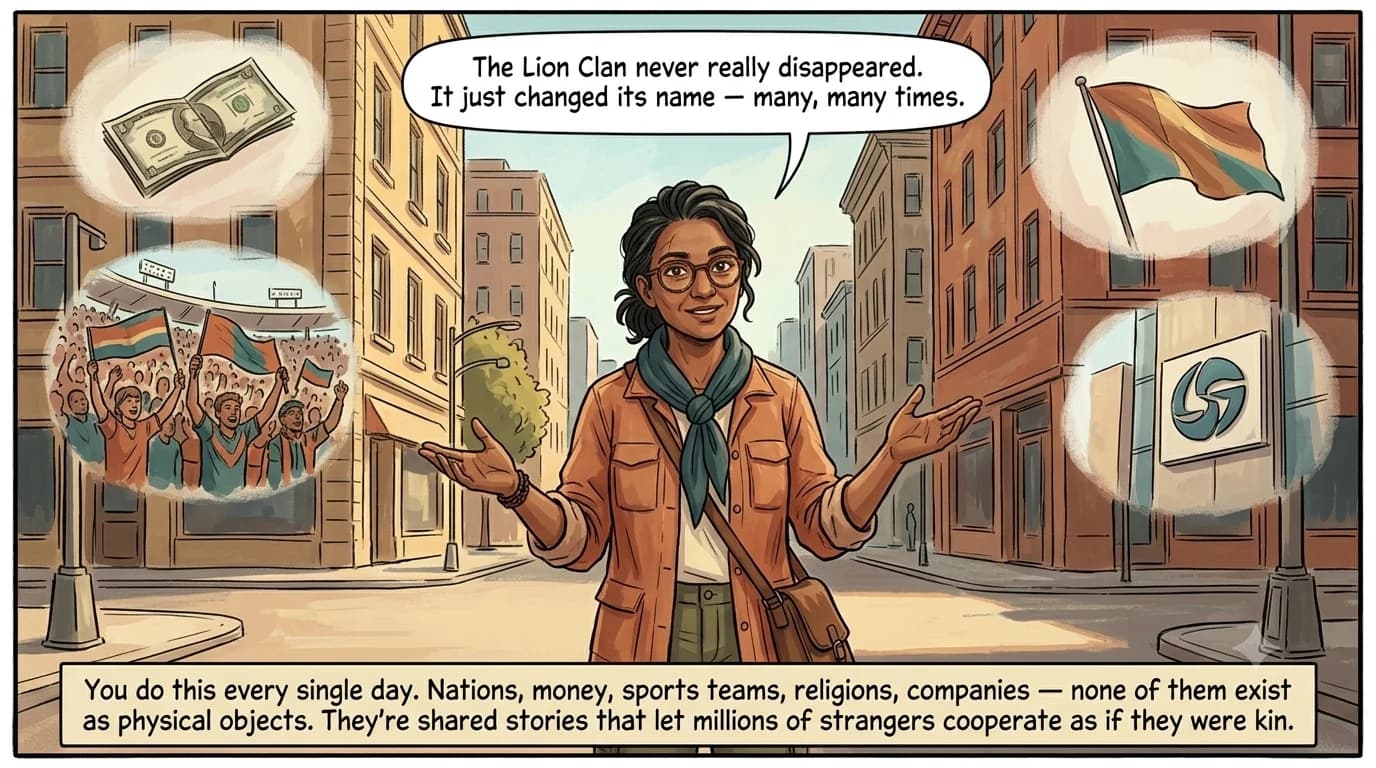 A guide figure stands on a modern city street corner surrounded by faint painterly vignettes of a banknote, a stadium crowd, a flag, and a company logo, echoing the earlier prehistoric campfire scenes.