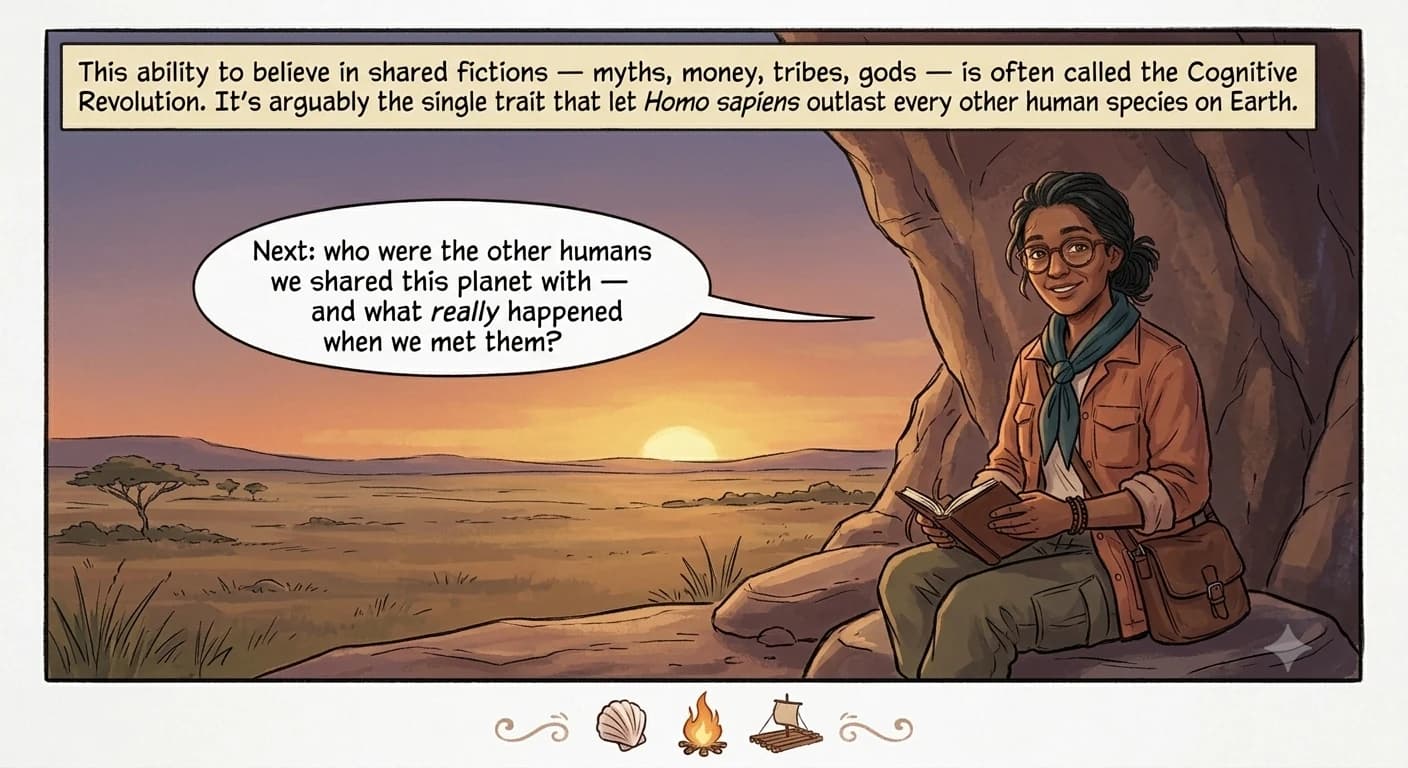 A guide figure closes a field notebook while sitting at the mouth of a cave at dusk, looking warmly toward the reader, with small decorative icons of a bead, a flame, and a raft along the panel's edge.