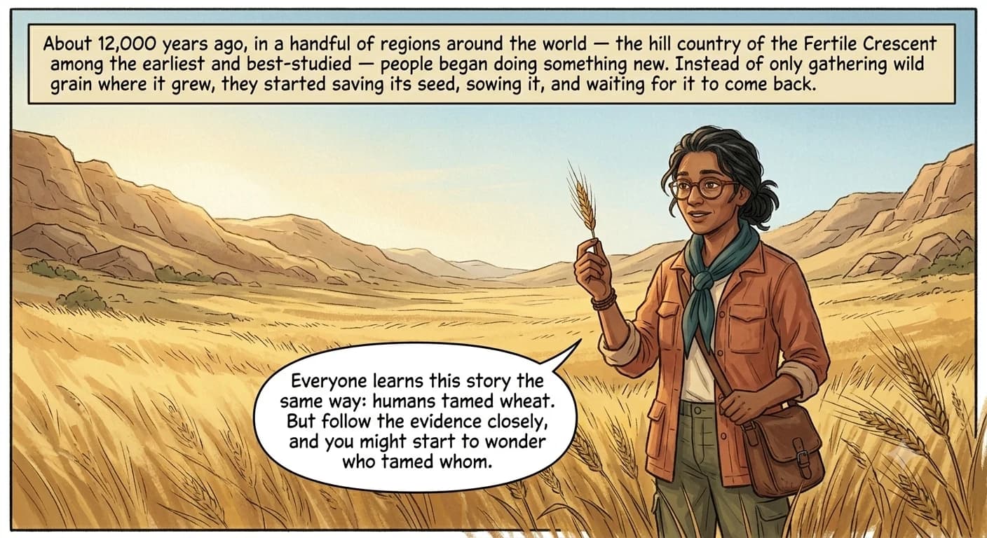 A field anthropologist stands at the edge of a wild wheat valley at dawn, holding up a single wheat spikelet toward the viewer, rocky foothills behind her.