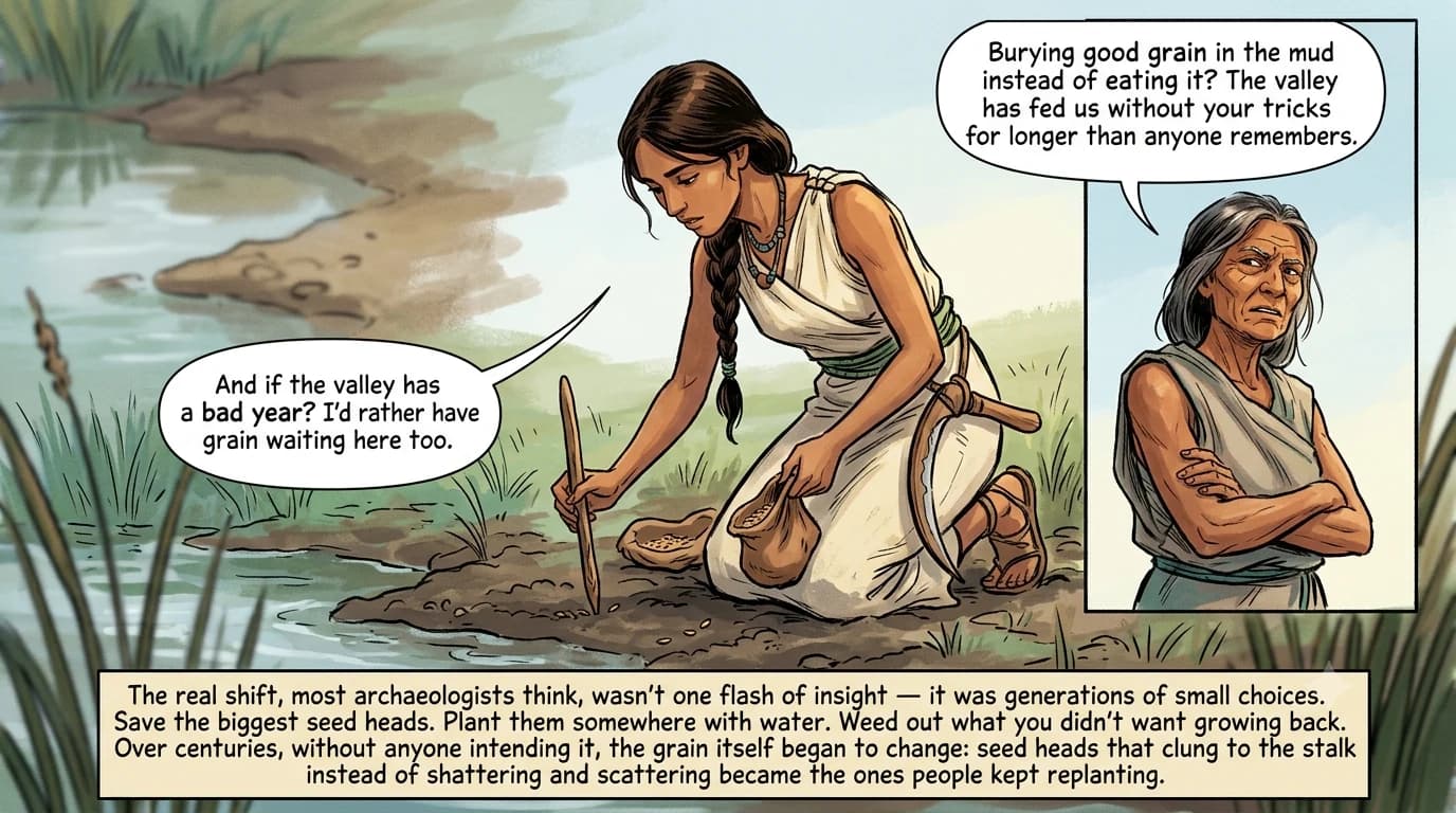 A young woman crouches by a stream pressing saved wheat seeds into softened soil with a digging stick, while an older skeptical woman looks on with arms crossed.
