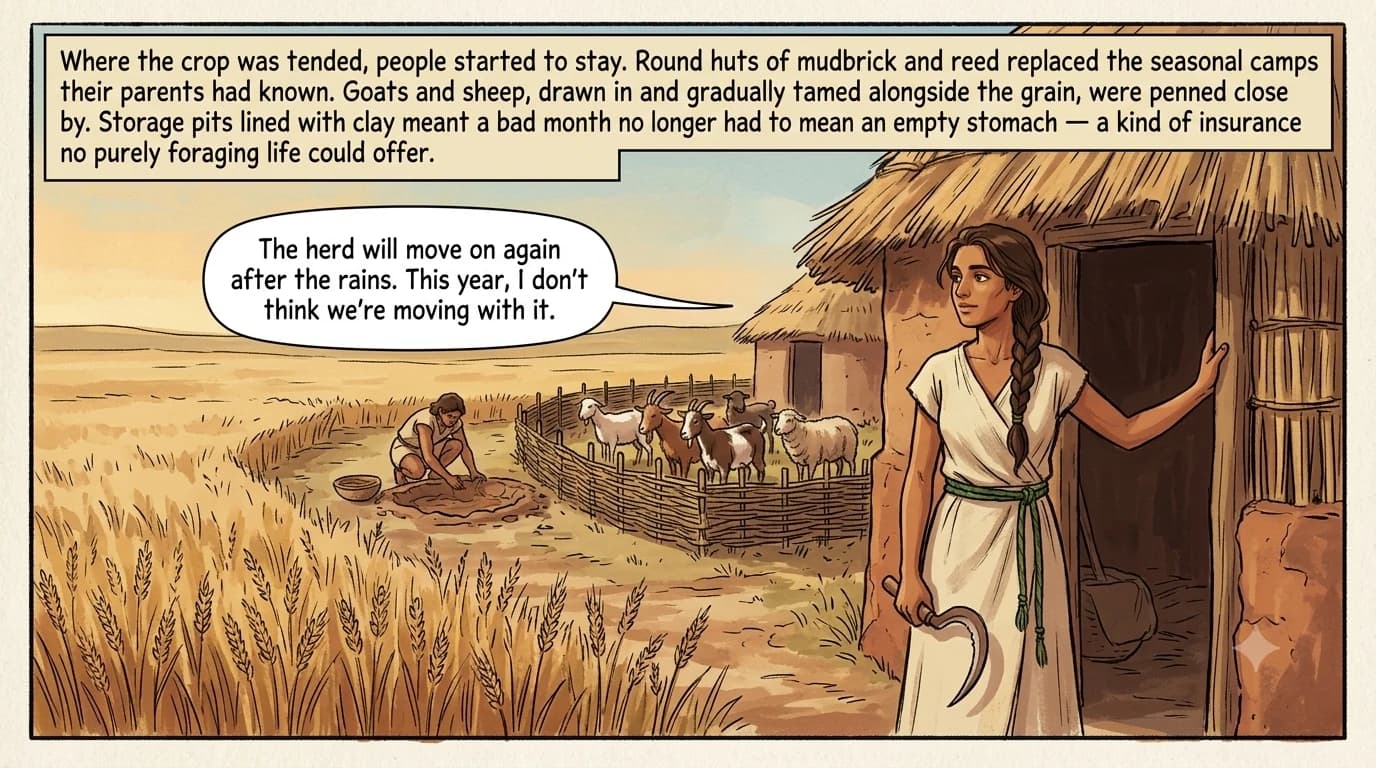 A small Neolithic village of round mudbrick and reed huts stands beside rows of cultivated wheat and barley, with penned goats and a woman digging a clay-lined storage pit.