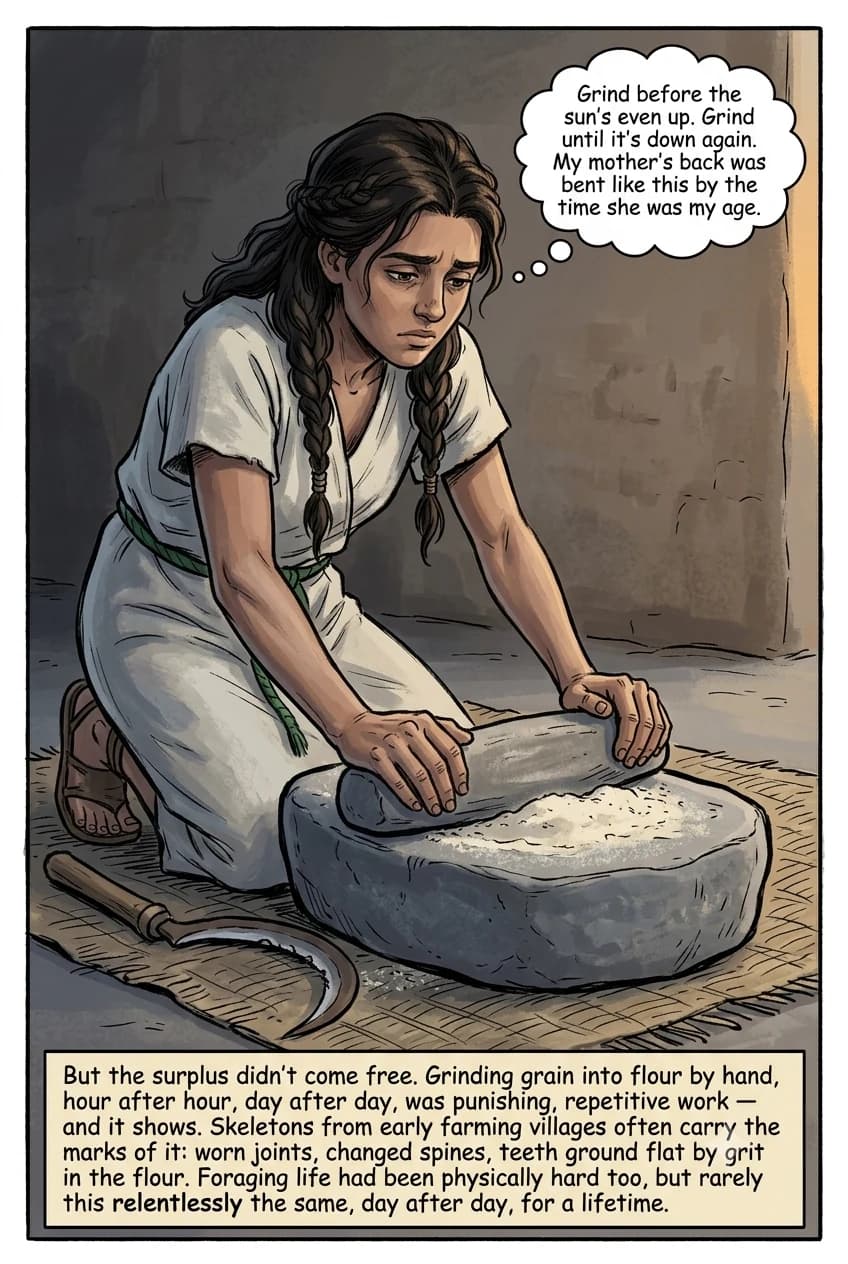 Close portrait of a young woman kneeling at dawn, back bent, calloused hands grinding grain into flour on a stone quern, her expression showing the dull ache of daily repetitive labor.