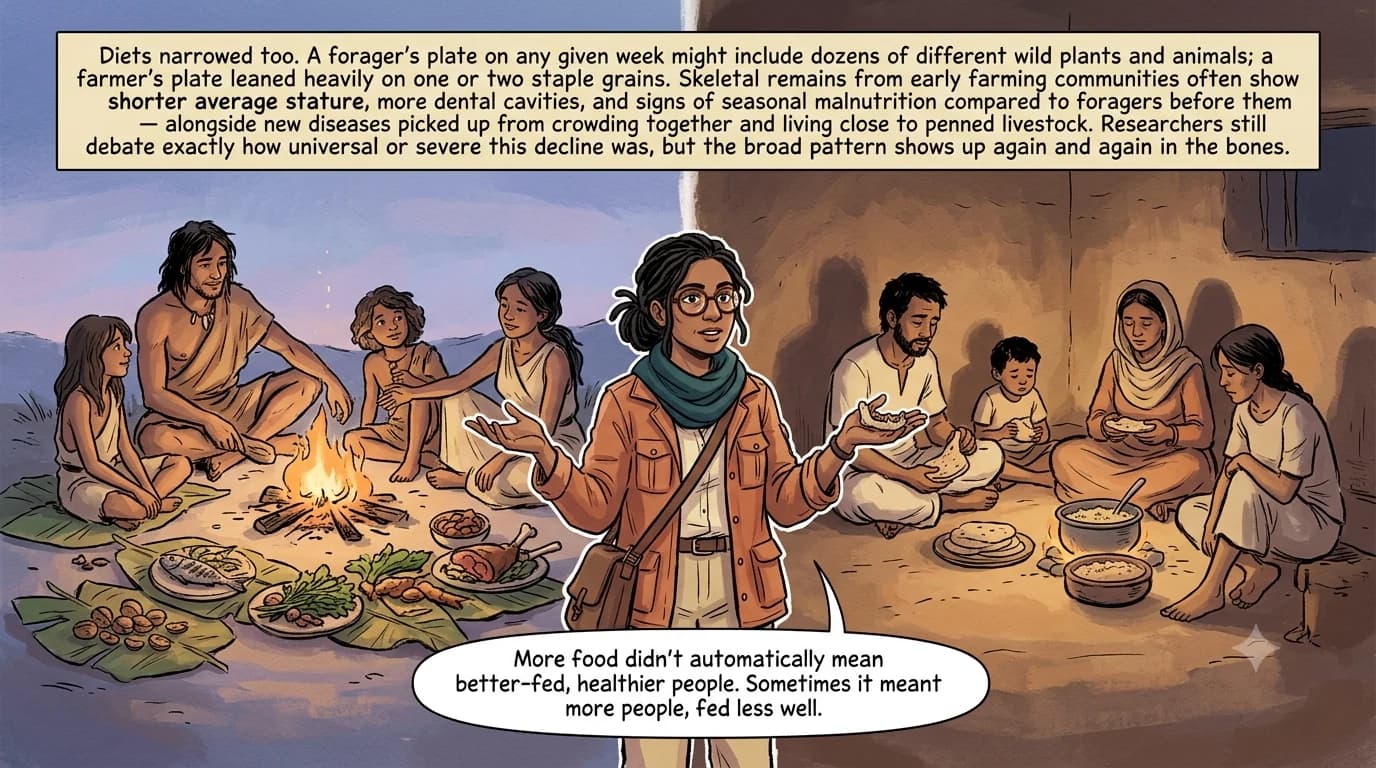 A split panel: on the left, a foraging family shares a varied meal of wild foods around a fire; on the right, a farming family shares a plainer meal of grain porridge and flatbread, with a guide figure standing at the dividing line holding an ancient jawbone.