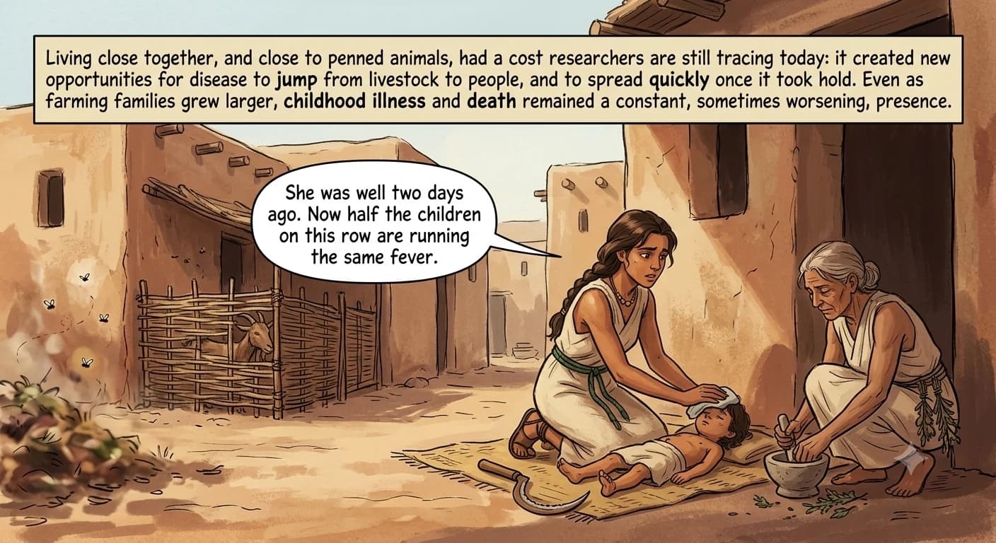 In a crowded, close-packed corner of a Neolithic village, a woman kneels beside a sick child on a mat while an unnamed healer grinds herbs nearby, a goat pen built against the house wall behind them.