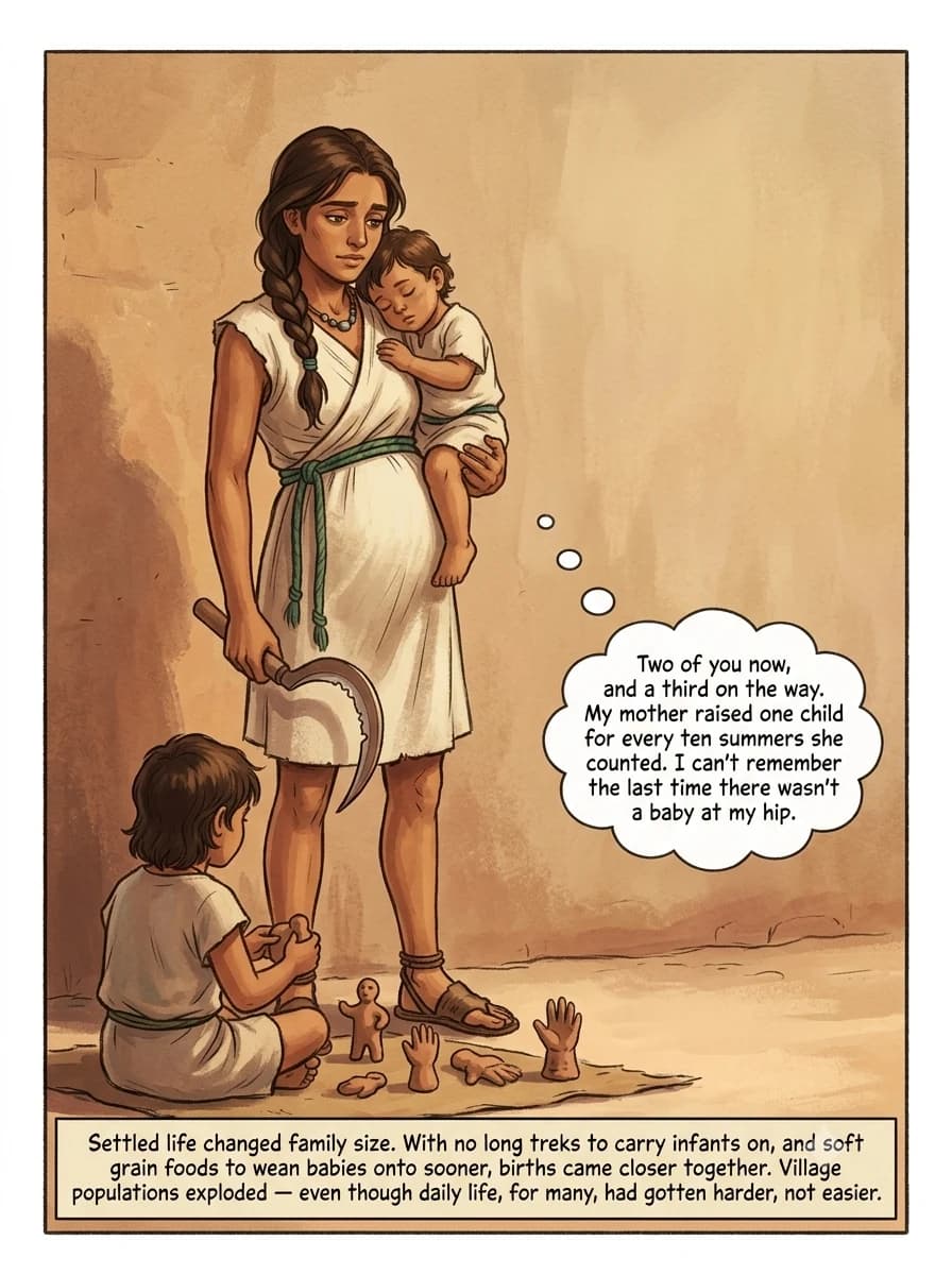 A visibly pregnant young woman stands in front of a mudbrick home holding a toddler on her hip while an older child plays with clay figurines at her feet.