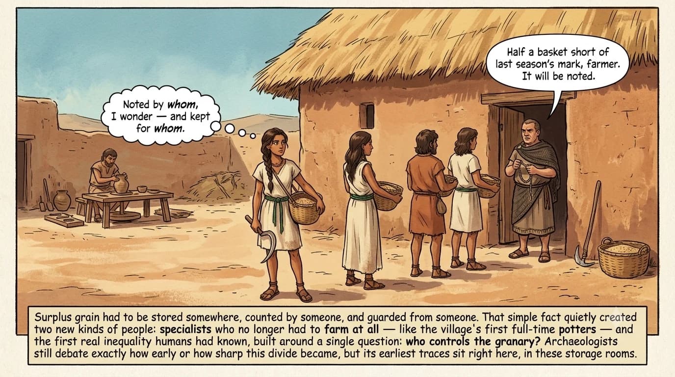 Villagers queue with baskets of grain outside a central mudbrick granary while an overseer marks tallies on a knotted cord; a potter works with clay in the background.