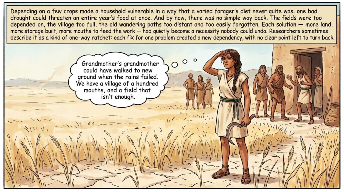 A woman stands at the edge of a drought-stricken field of cracked earth and stunted barley, looking toward distant hills, while worried villagers gather around a half-empty granary behind her.