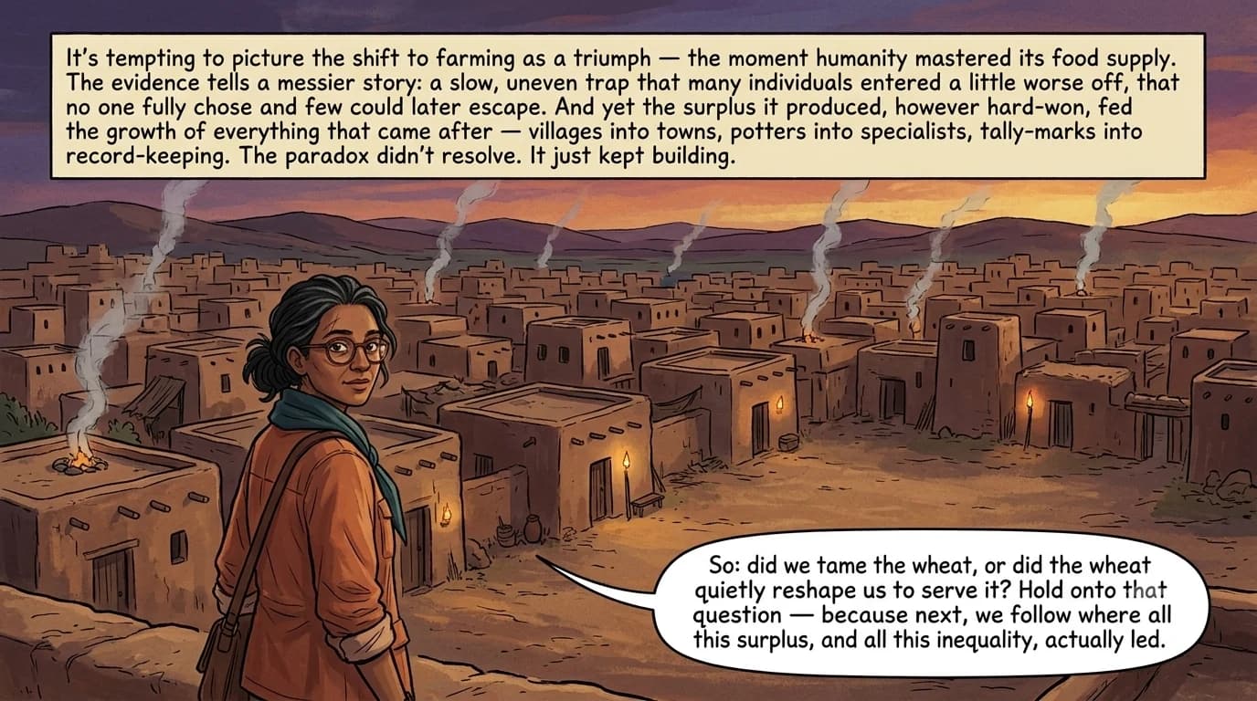 A field anthropologist stands at dusk overlooking a sprawling Neolithic village of close-packed mudbrick rooftops with smoke rising from many cook-fires, addressing the viewer.