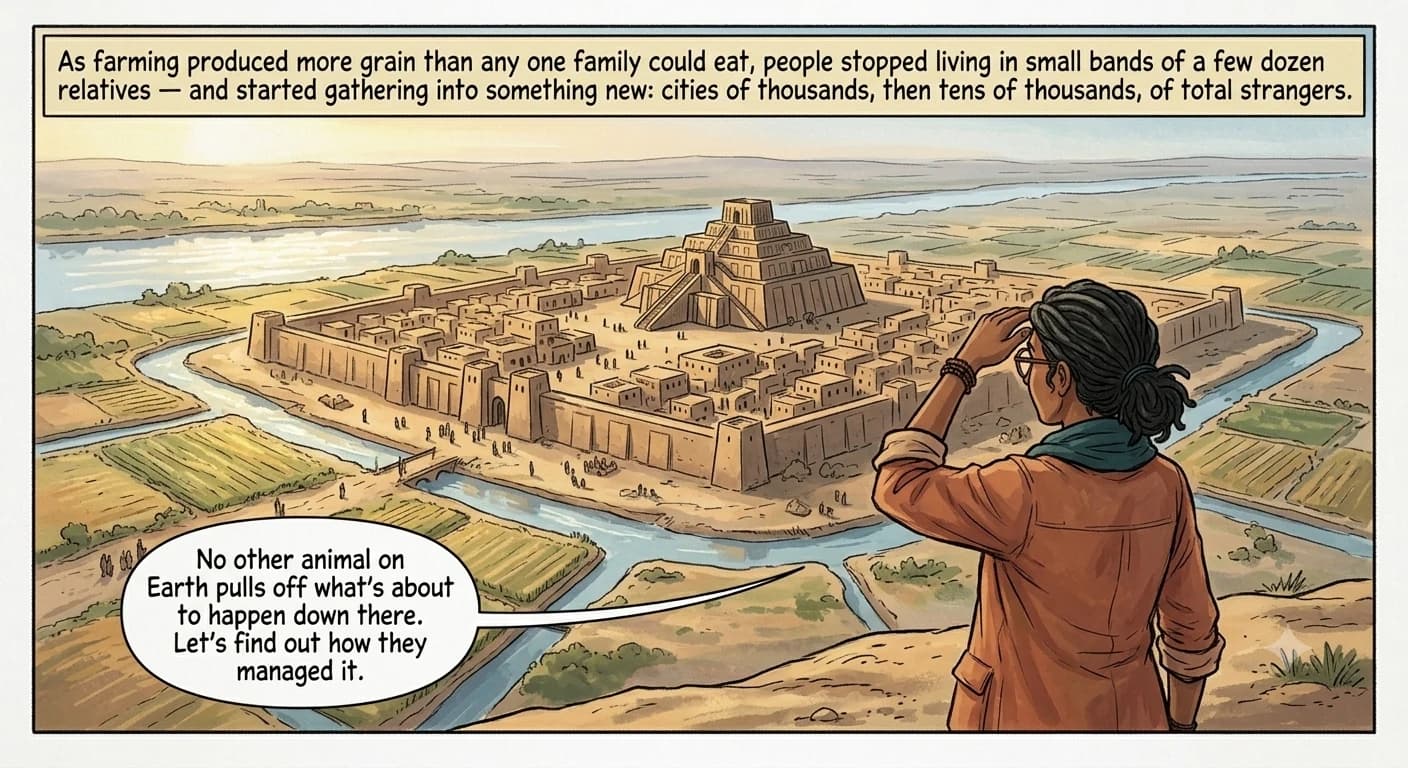 A guide figure looks out at dawn over a sprawling mud-brick city with a stepped temple tower, surrounded by irrigated fields and canals, its streets already filling with people.