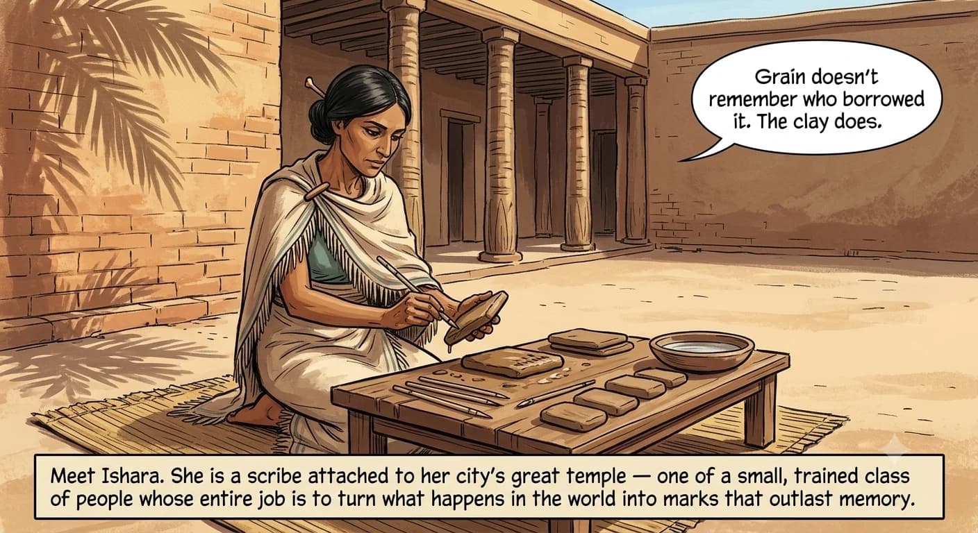 A temple scribe kneels at a low table in a sunlit courtyard, pressing a reed stylus into a wet clay tablet beside a row of other tablets and a bundle of reed styluses.