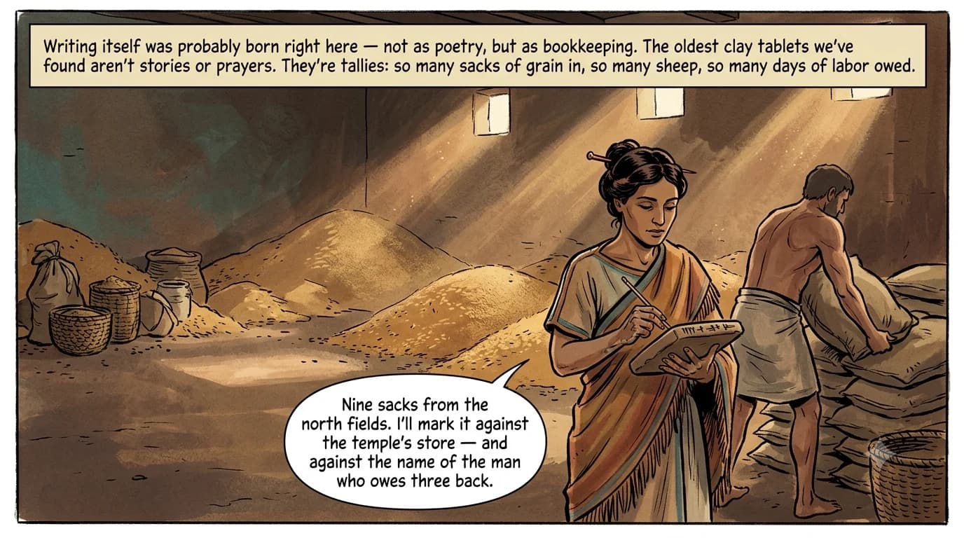 A temple scribe stands beside towering mounds of stored grain, pressing tally marks into a wet clay tablet as a laborer carries a grain sack past her.