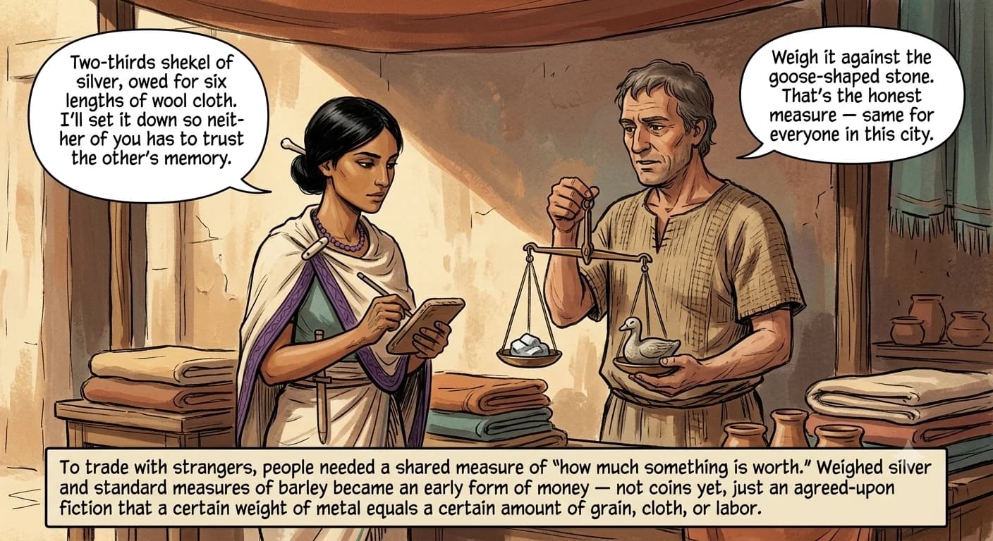 A merchant weighs a lump of silver on a small balance scale against a carved stone weight while a temple scribe records the transaction on a clay tablet.