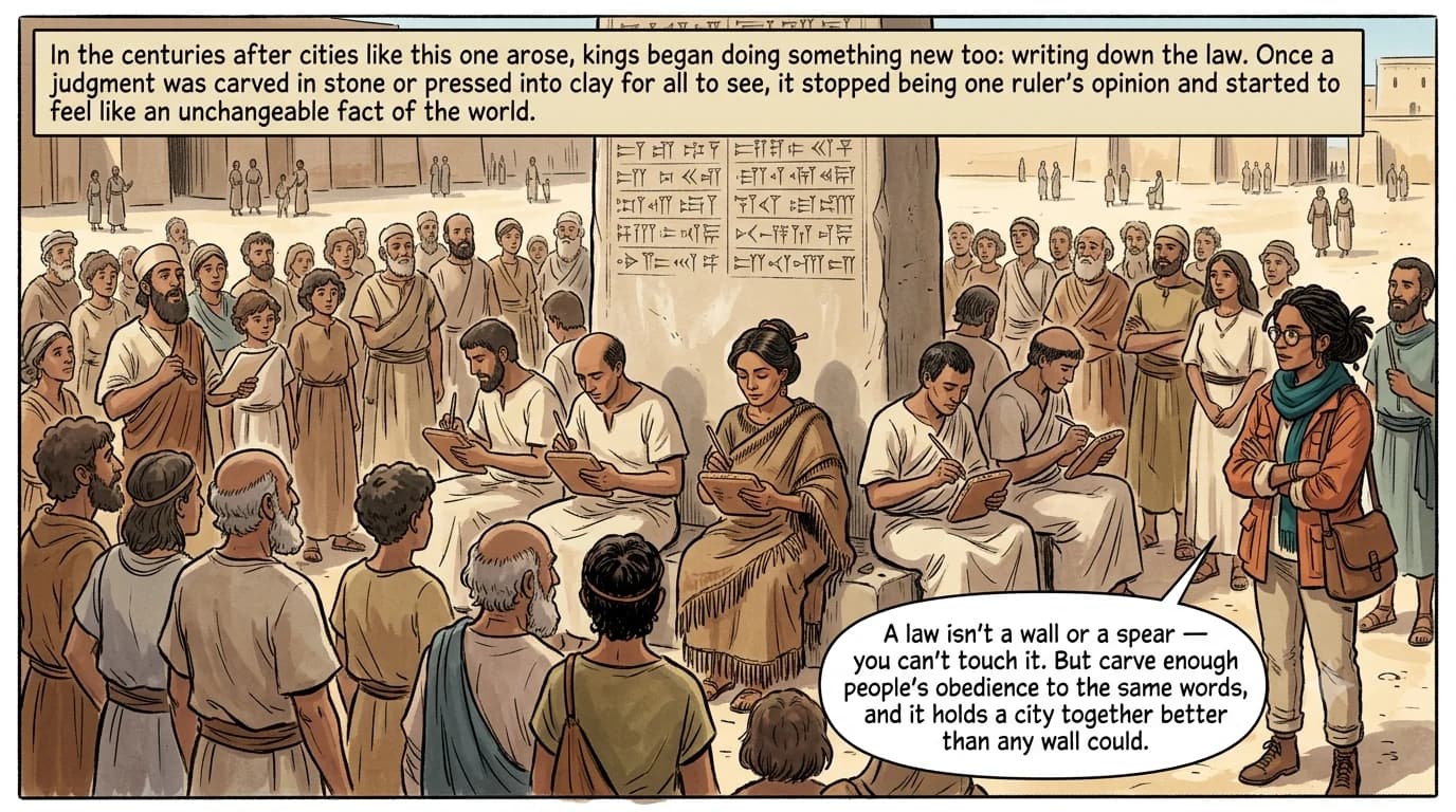 A row of scribes, including Ishara, copy a king's proclamation onto tablets and a standing carved stone in a public square, while a crowd gathers to listen and a guide figure observes from the edge.