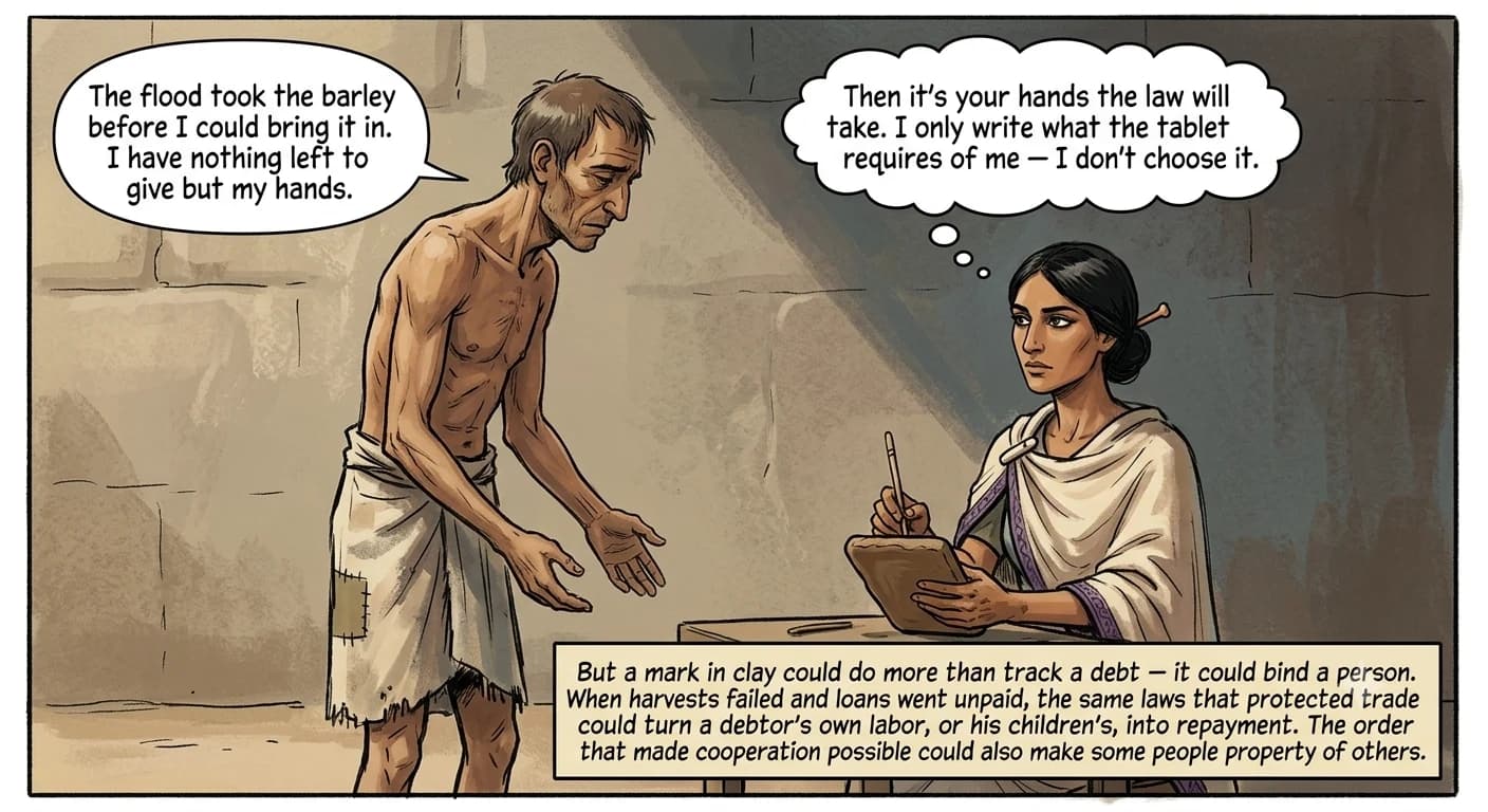 A gaunt farmer stands before a temple scribe's table, unable to pay a grain debt, as she holds her stylus poised over a clay tablet, about to record his labor as bonded repayment.