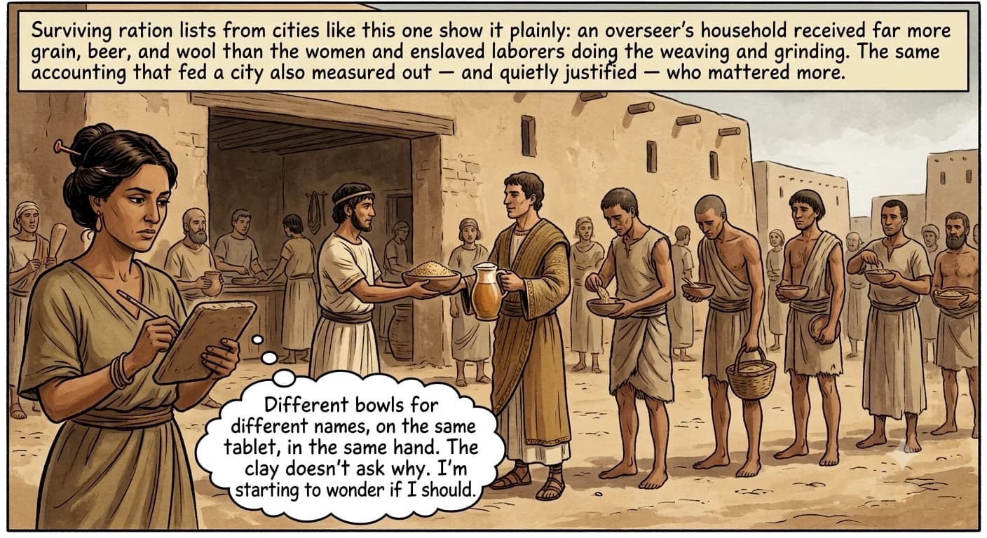 A ration line outside a workshop where overseers receive generous portions of grain, beer, and wool while ordinary laborers receive noticeably smaller shares, as a scribe checks names off a list.