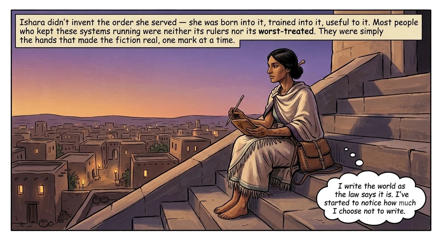 A temple scribe sits alone on temple steps at dusk, her satchel of clay tablets beside her, looking out over the lamplit city while turning a tablet over in her hands.