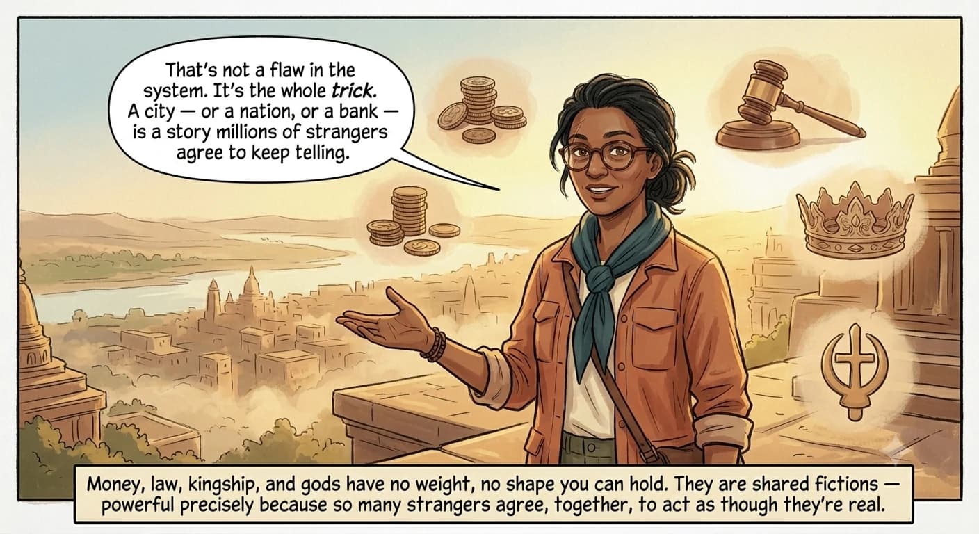 A guide figure stands atop temple steps at golden hour overlooking the city, surrounded by faint painterly vignettes of coins, a courtroom gavel, a crown, and a religious symbol.