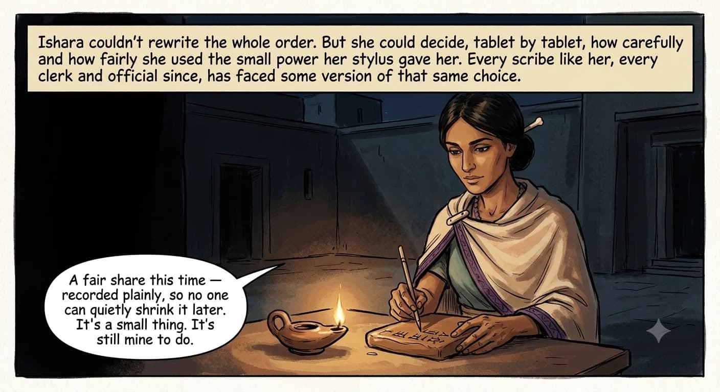 By lamplight at night, a temple scribe carefully presses a final mark into a fresh clay tablet, recording a fair grain allotment for a widow's household.
