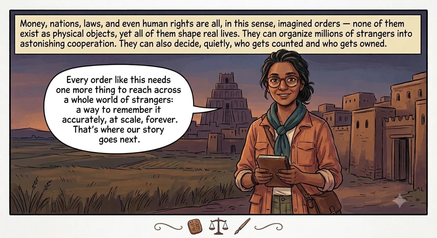 A guide figure stands at the edge of the ancient city at dusk, the temple tower silhouetted behind her, closing a field notebook and looking toward the reader, with small decorative icons of a clay tablet, a balance scale, and a stylus along the panel's edge.