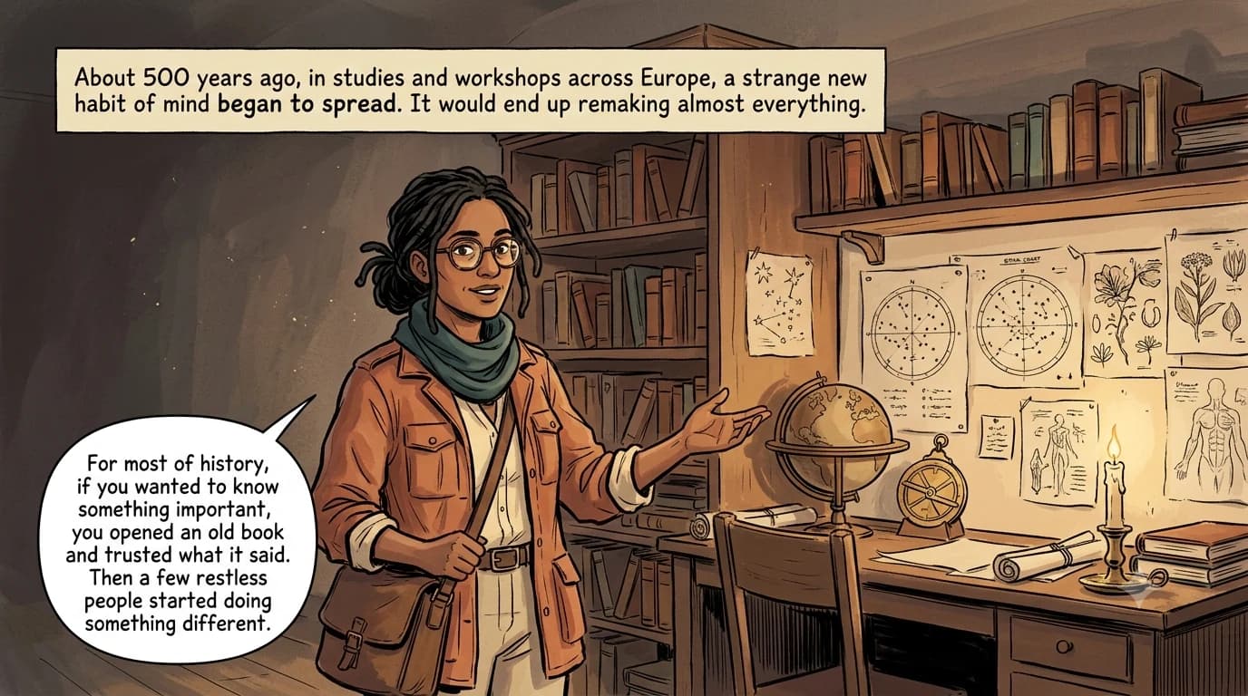 A guide figure gestures toward a candlelit 1600s scholar's study crammed with books, star charts, a globe, and an astrolabe.
