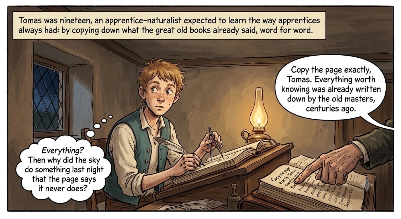 A young apprentice sits at a writing desk copying from an old book while an unseen tutor's hand points at the page; the apprentice glances toward a window instead.