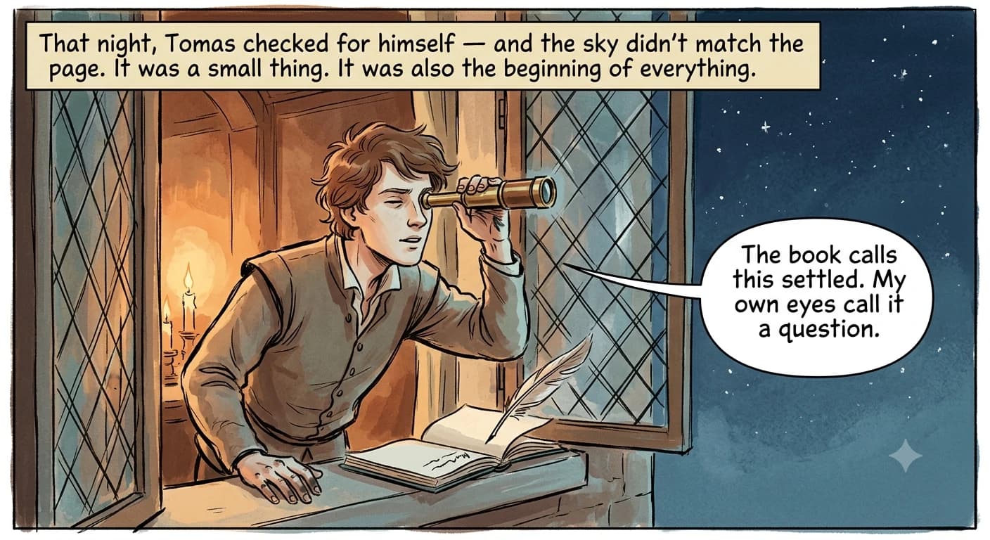 A young apprentice leans out of a window at night, peering through a small brass spyglass at the sky, an open notebook resting on the sill beside him.