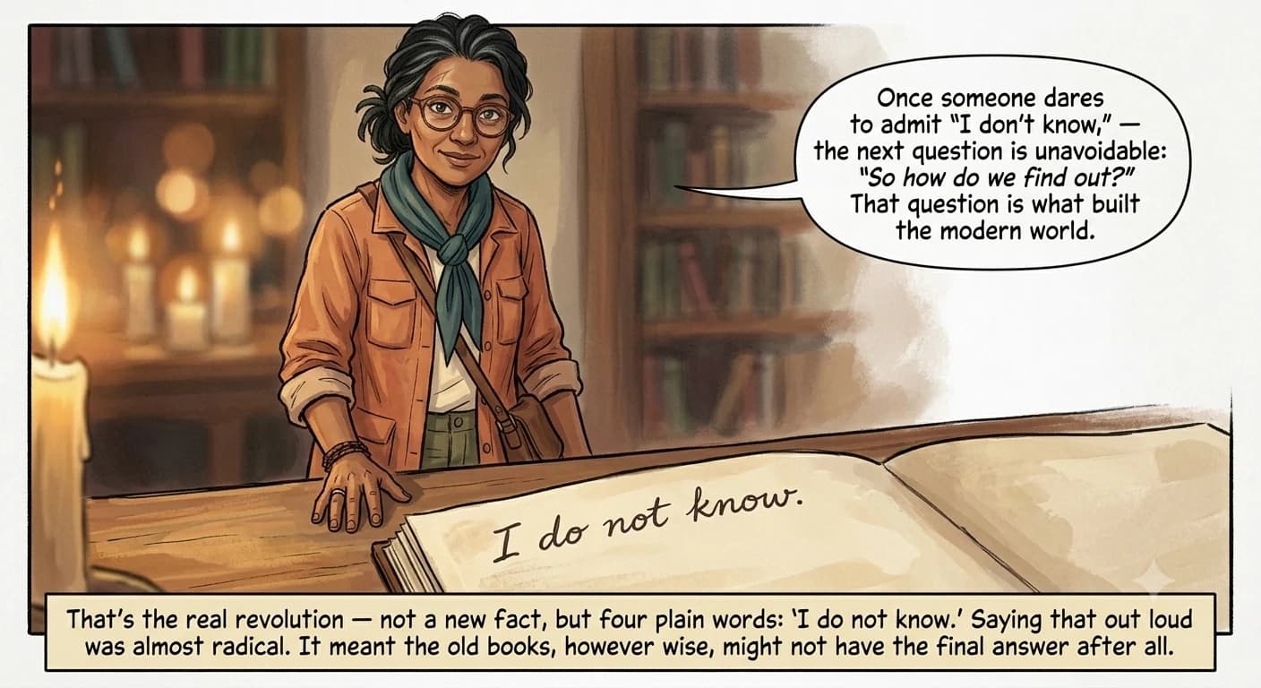 A close-up of a handwritten journal page reading 'I do not know,' with a guide figure standing just behind it, addressing the reader.