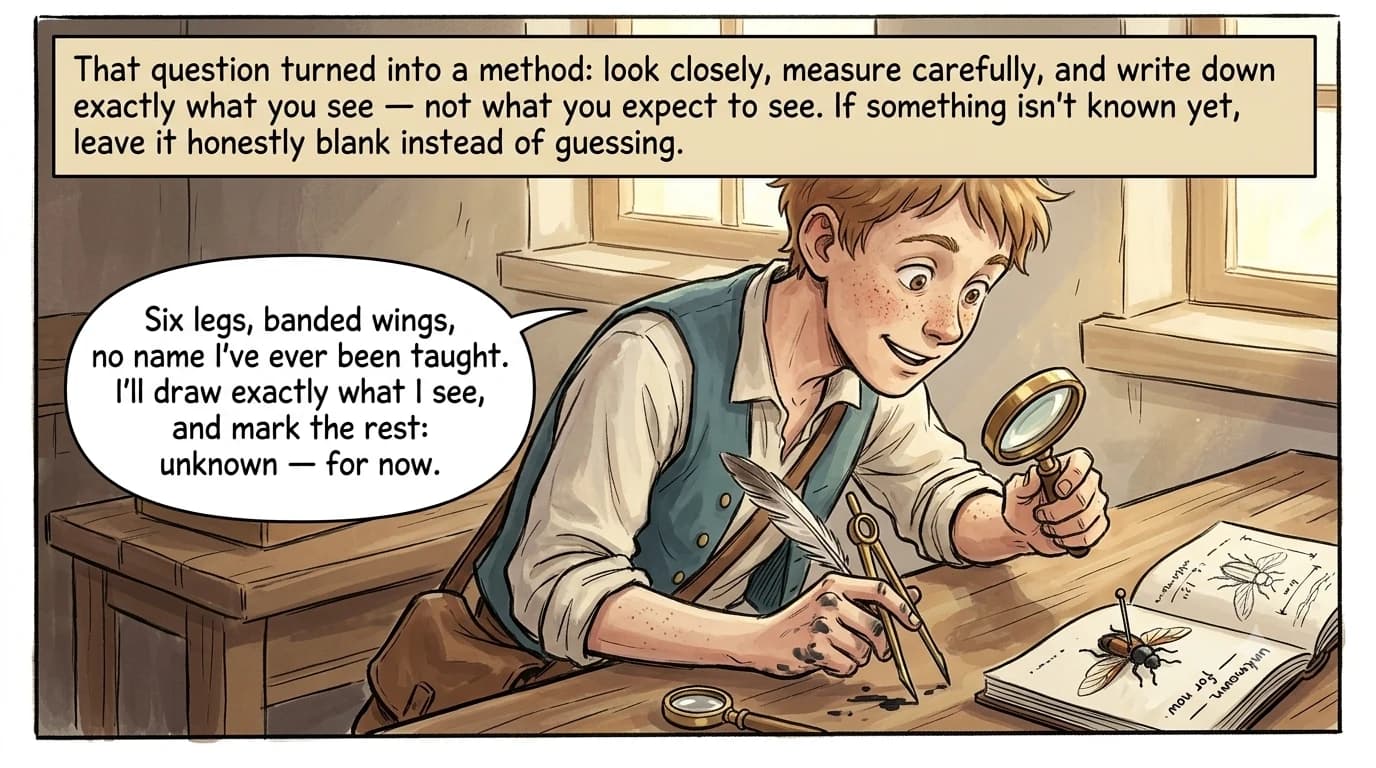 A young apprentice leans over a workbench, carefully sketching and measuring a beetle specimen under a hand lens in his notebook.
