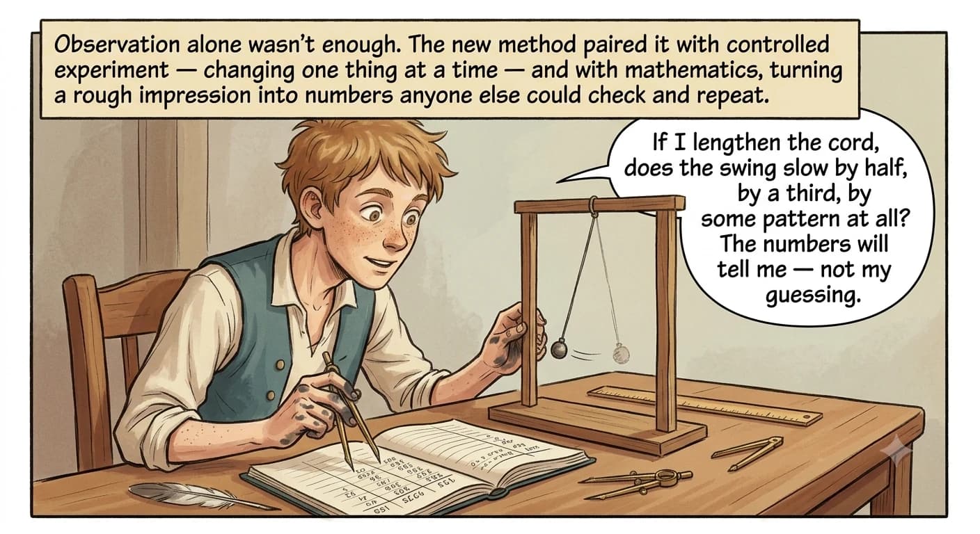 A young apprentice studies a small swinging pendulum on a tabletop, dividers and a ruler beside him, recording a table of numbers in his notebook.